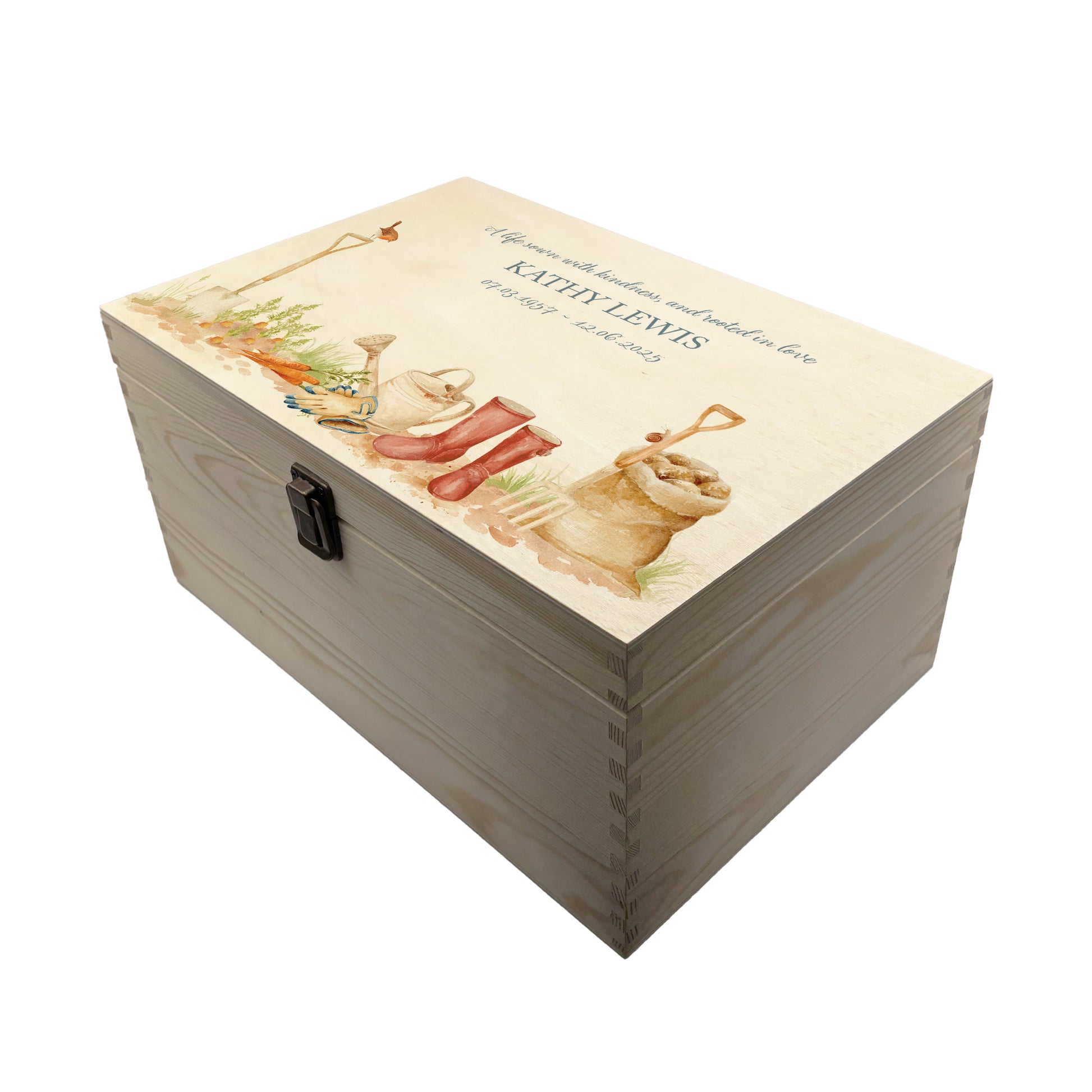 Wooden box with a decorative lid featuring illustrations of a Garden Scene available with personalising your colour wellies, perfect for mum, daughter, nan, sister and Grandad, Perfect funeral memory keepsake box, for storing ashes, order of service, flowers. capturing your loved ones favourite hobby
