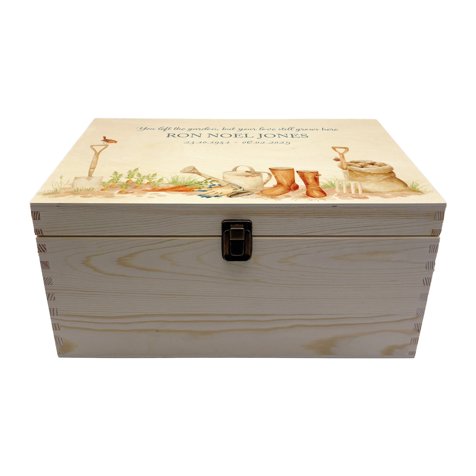 Wooden box with a decorative lid featuring illustrations of a Garden Scene available with personalising your colour wellies, perfect for mum, daughter, nan, sister and Grandad, Perfect funeral memory keepsake box, for storing ashes, order of service, flowers. capturing your loved ones favourite hobby
