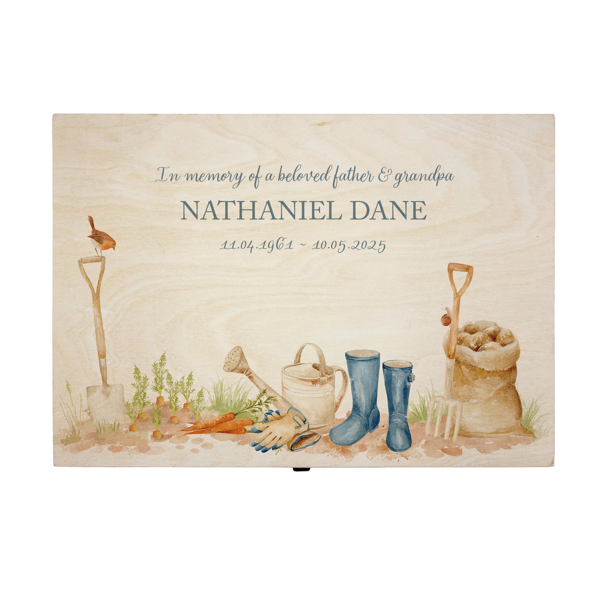 Wooden box with a decorative lid featuring illustrations of a Garden Scene available with personalising your colour wellies, perfect for mum, daughter, nan, sister and Grandad, Perfect funeral memory keepsake box, for storing ashes, order of service, flowers. capturing your loved ones favourite hobby