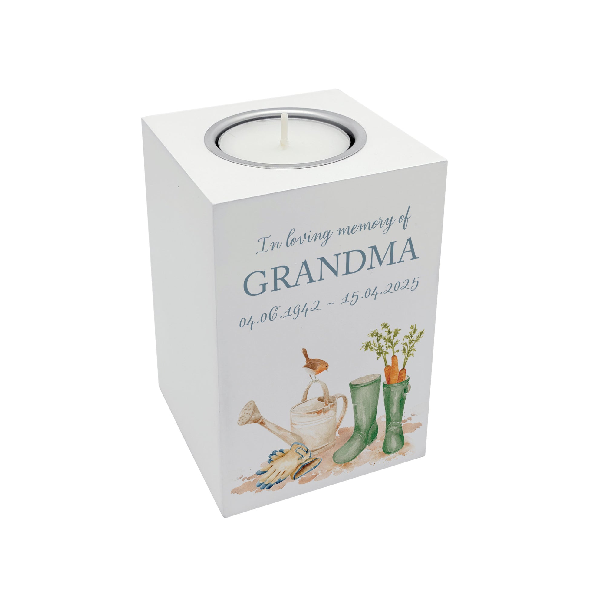 wooden cuboid luxury tealight holder with gorgeous personalised options . Each product is lovingly designed, handmade with our Countryside inspired watercolour designs. This design features a Garden Scene, unique designs to remember a loved on, great for memorial occasions