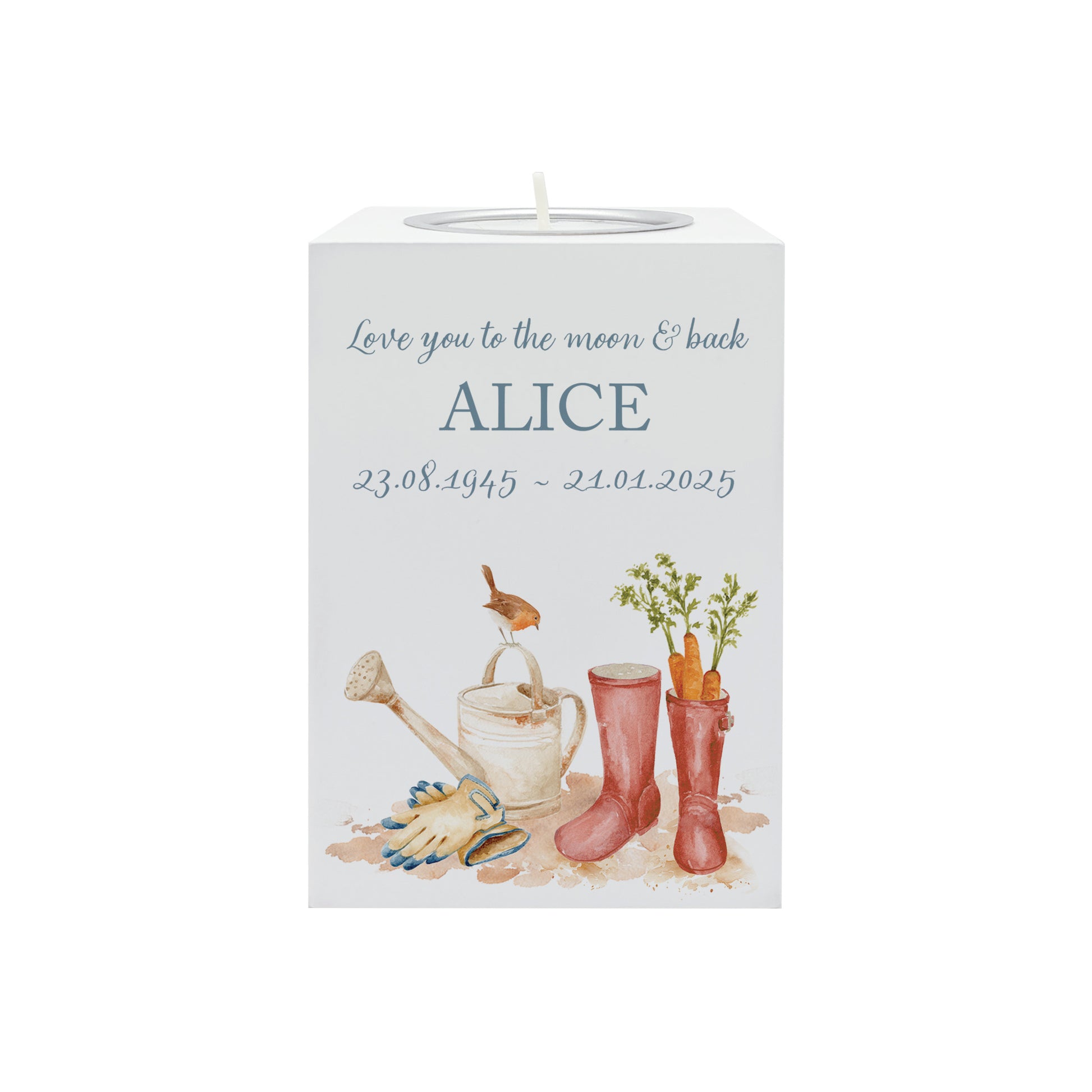wooden cuboid luxury tealight holder with gorgeous personalised options . Each product is lovingly designed, handmade with our Countryside inspired watercolour designs. This design features a Garden Scene, unique designs to remember a loved on, great for memorial occasions