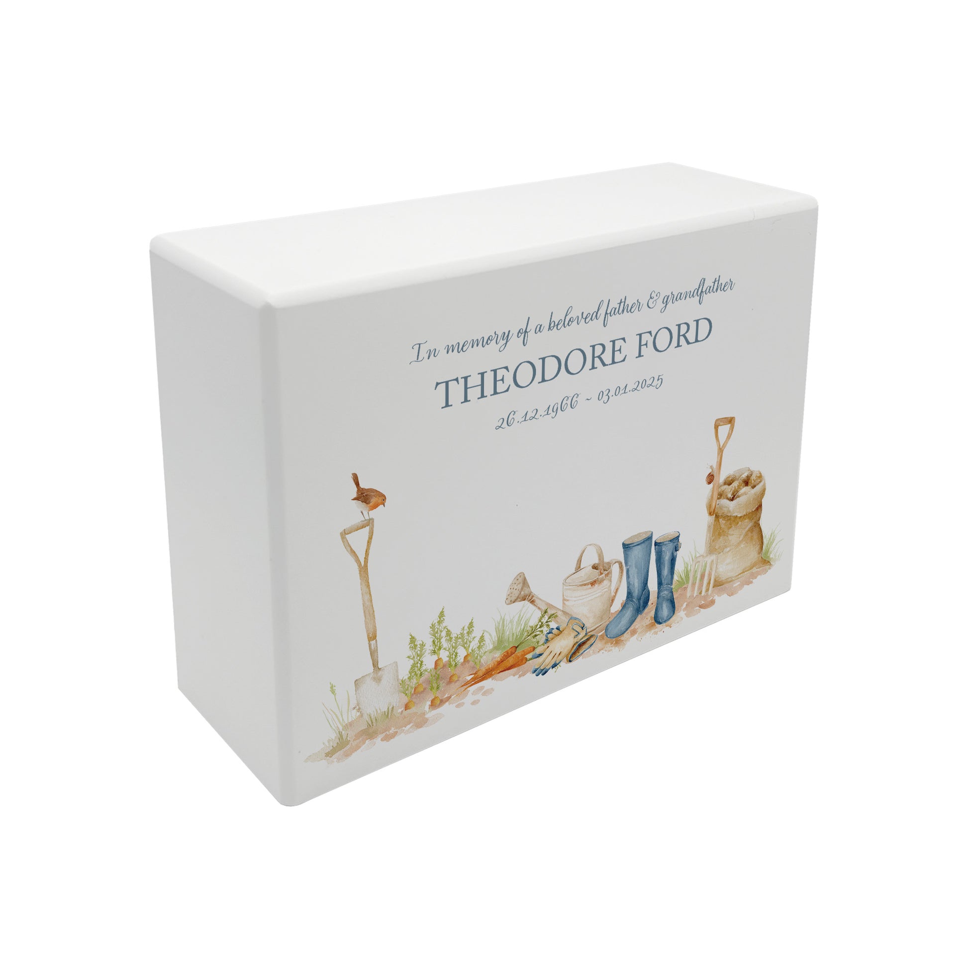 A beautifully crafted solid wooden urn, finished in white with a soft watercolour design of a Garden Scene, Granny, Grandad, Grandma, mum, sister who loves Gardening, Gone Gardening, Thoughtfully made for either display or burial, this personalised urn can be customised to create a meaningful memorial. Perfect for holding ashes of a loved one or a beloved pet, it serves as a comforting tribute and keepsake.