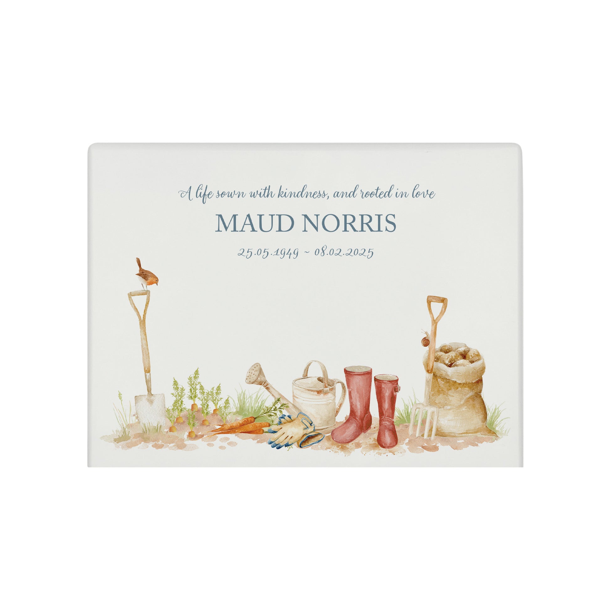 A beautifully crafted solid wooden urn, finished in white with a soft watercolour design of a Garden Scene, Granny, Grandad, Grandma, mum, sister who loves Gardening, Gone Gardening, Thoughtfully made for either display or burial, this personalised urn can be customised to create a meaningful memorial. Perfect for holding ashes of a loved one or a beloved pet, it serves as a comforting tribute and keepsake.