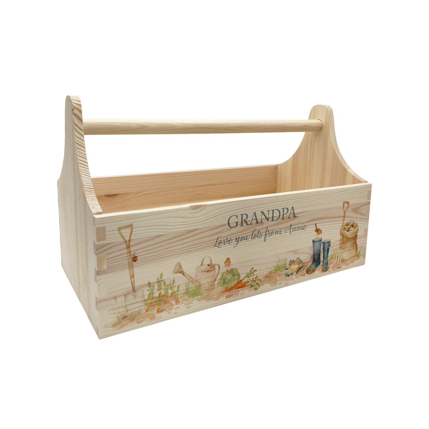 wooden luxury Trug/Caddy the perfect personalised gift. Each product is lovingly designed, handmade with our Countryside inspired watercolour designs. This design features a gardening scene with wellie boots, a sake of potatoes, vegetables, a watering con and a little robin. set in a flower bed unique designs for a truly one off special occasion for a loved one.