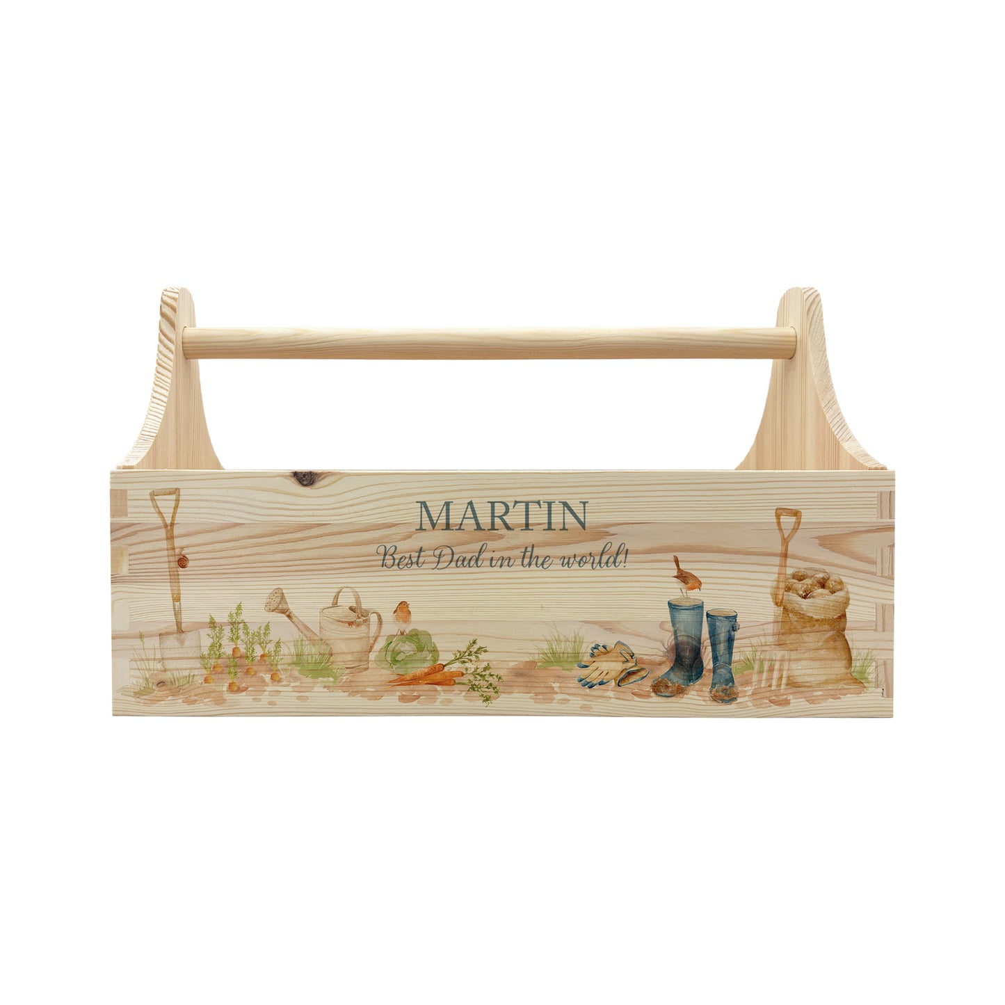 wooden luxury Trug/Caddy the perfect personalised gift. Each product is lovingly designed, handmade with our Countryside inspired watercolour designs. This design features a gardening scene with wellie boots, a sake of potatoes, vegetables, a watering con and a little robin. set in a flower bed unique designs for a truly one off special occasion for a loved one.