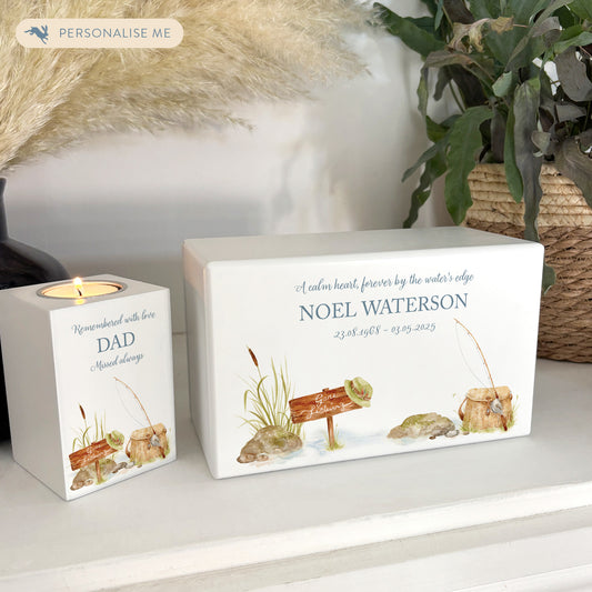 Luxury solid wooden white painted Urn featuring a Gone Fishing memorial, capturing your oved ones hobby. A watercolour illustration, our urns and Caskets for displaying or burying ashes. Customisable and can be personalised. Perfect funeral memory keepsake urn, for storing ashes for humans and pets.
