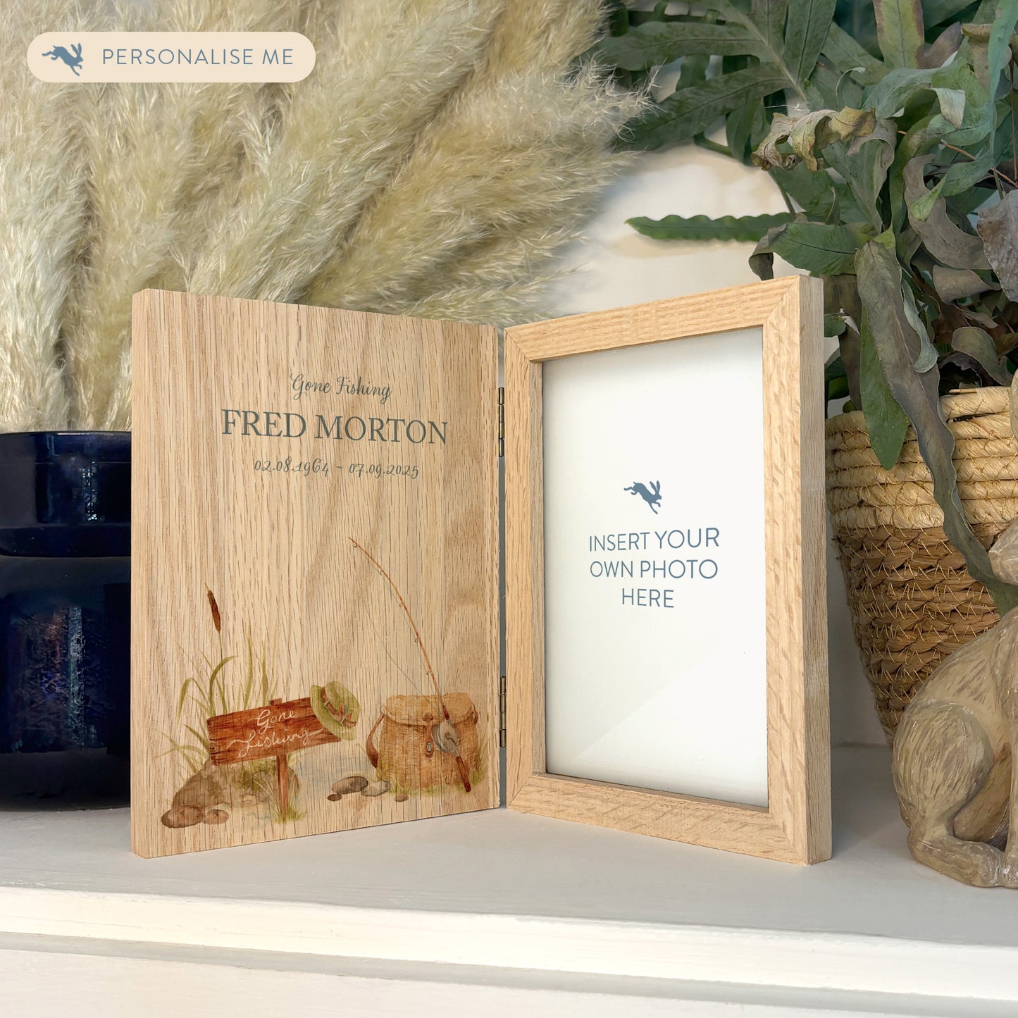 Memorial Solid Oak Photo Frame, personalise with your own message or select from our drop down selection. handmade watercolour paintings, this design features a fishing scene for the fishing lover, Perfect for Grandad, Dad, Uncle, Brother
