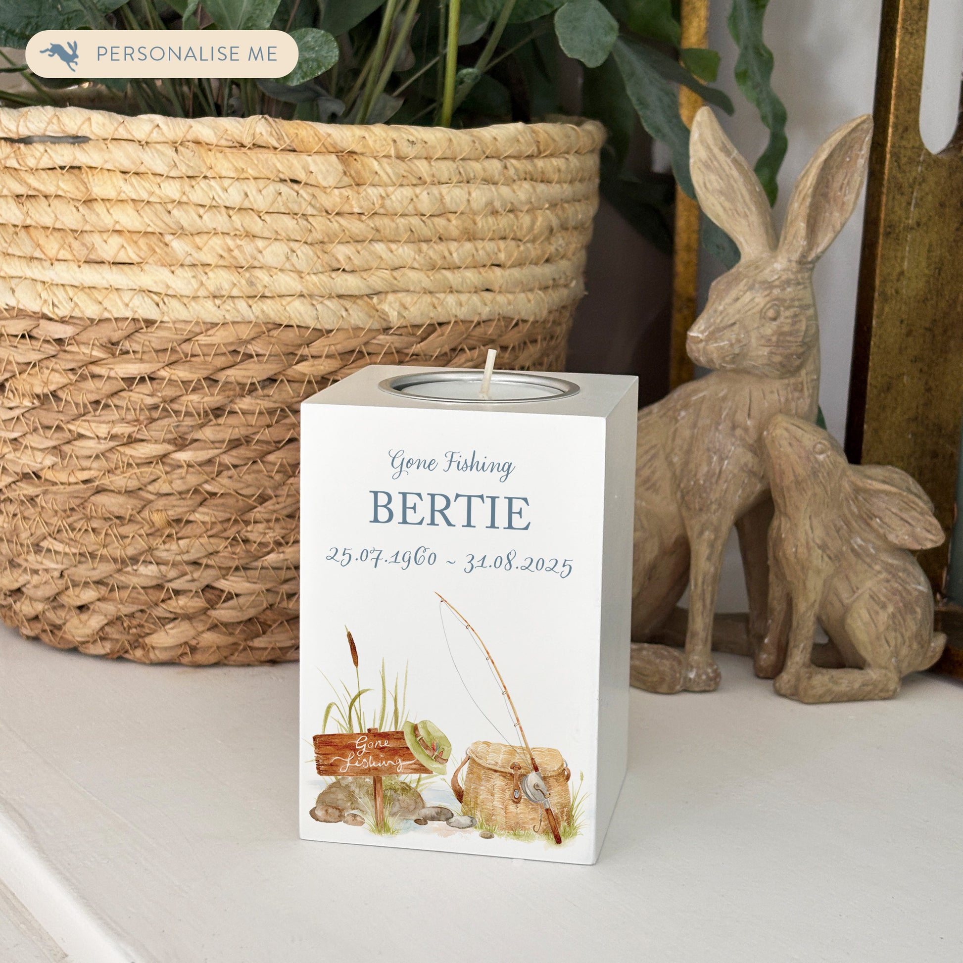 wooden cuboid luxury tealight holder with gorgeous personalised options . Each product is lovingly designed, handmade with our Countryside inspired watercolour designs. This design features a fishing scene with a rod and fishing bag, perfect for Brother, Dad, Son or Grandad. unique designs to remember a loved on, great for memorial occasions