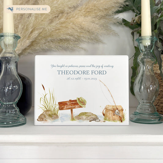 Luxury solid wooden white painted Fishing scene  watercolour illustration our urns and Caskets for displaying or burying ashes. Customisable and can be personalised. Perfect funeral memory keepsake urn, for storing ashes for humans and pets