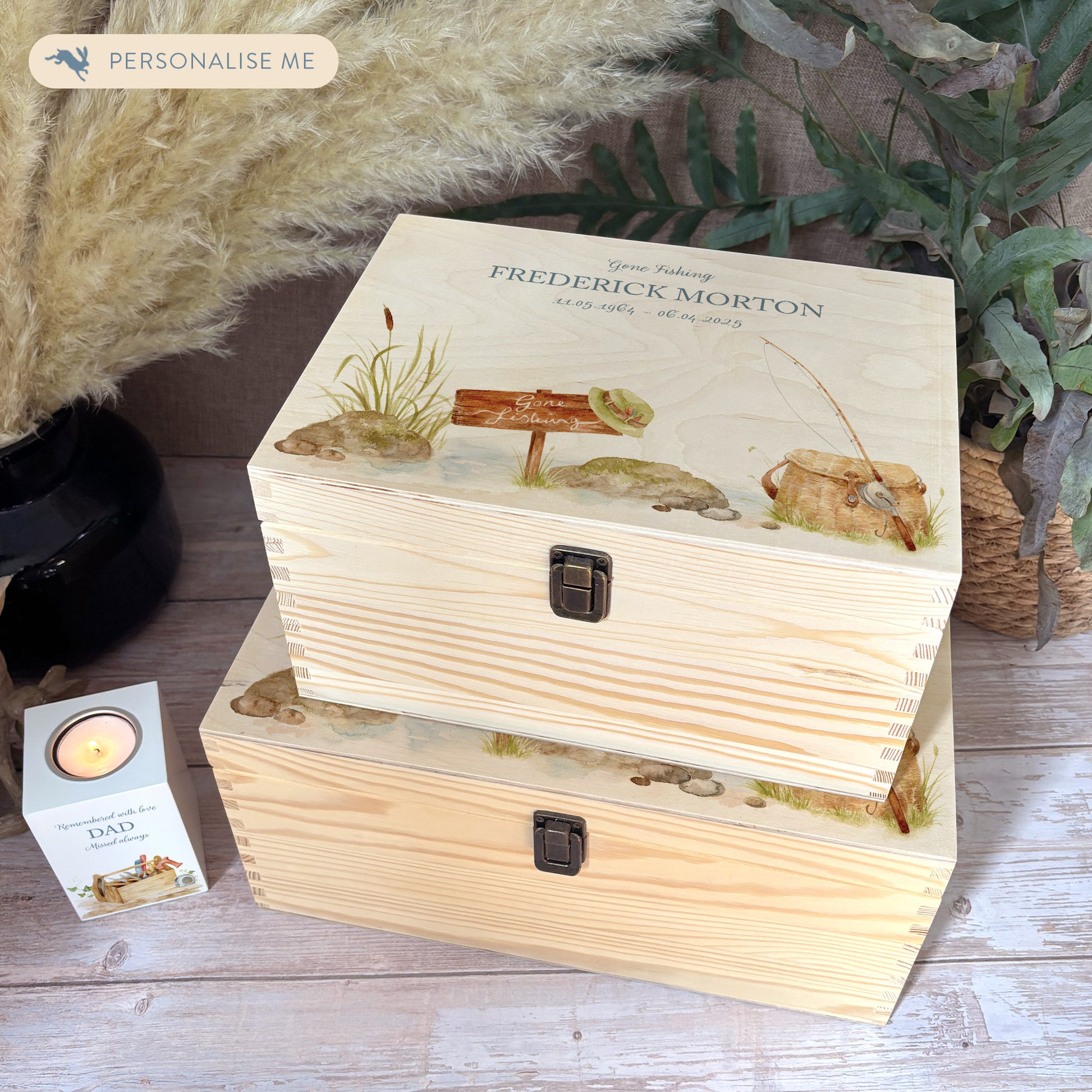 Wooden box with a decorative lid featuring illustrations of a fishing scene Perfect funeral memory keepsake box, for storing ashes, order of service, flowers. capturing your loved ones favourite hobby