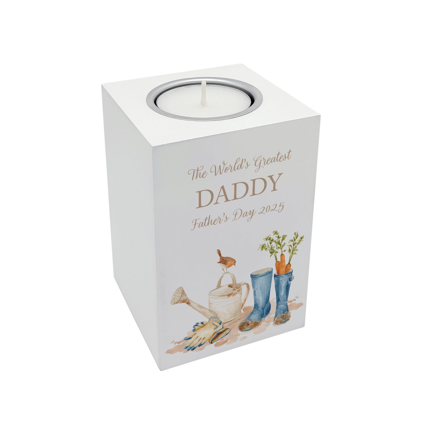 wooden cuboid luxury tealight holder with gorgeous personalised options . Each product is lovingly designed, handmade with our Countryside inspired watercolour designs. This design features blue wellies, carrots, a robin sitting on a brown watering can and some gardening gloves. unique designs for a truly one off special occasion for a loved one- The perfect memorial gift.