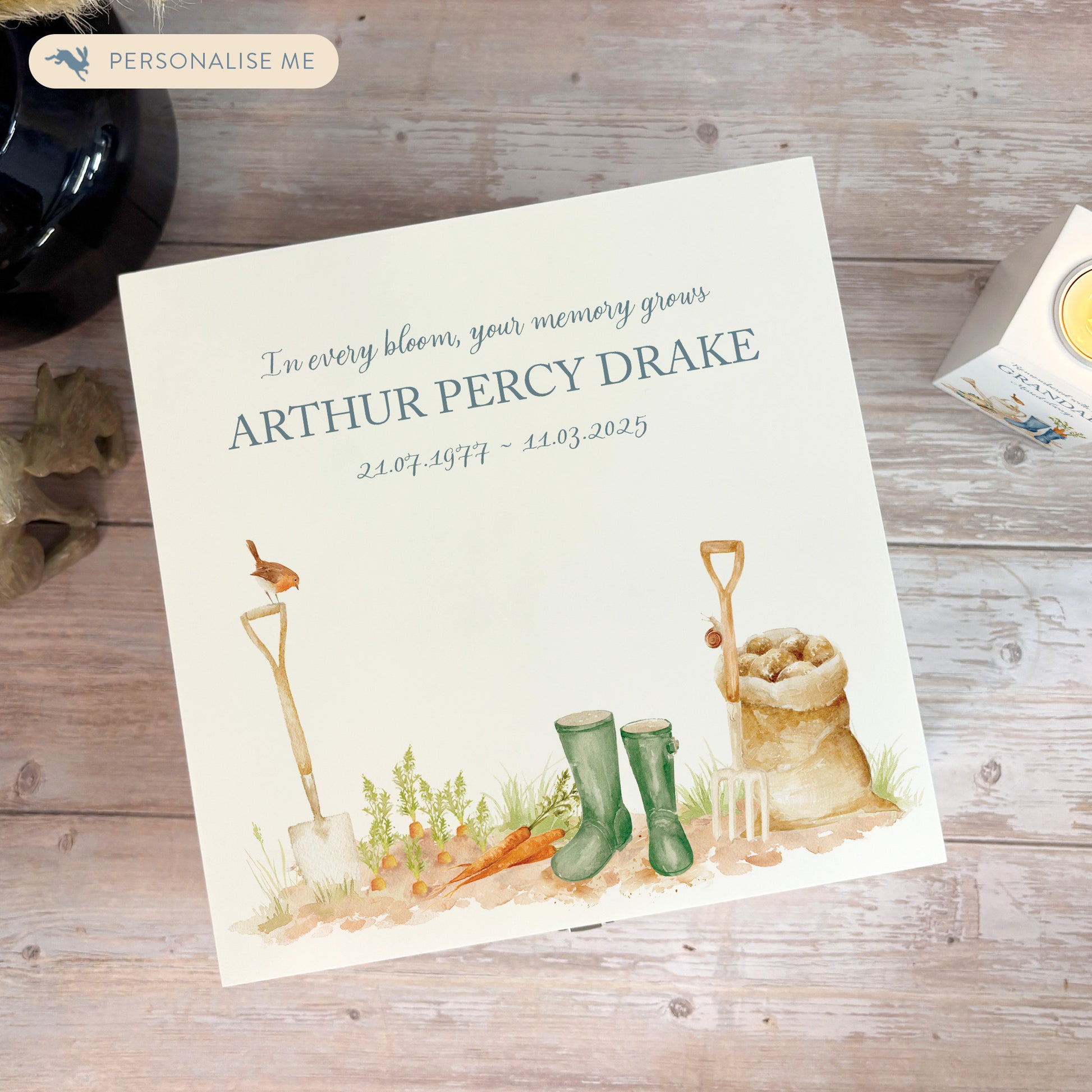 White Square personalised Wooden box with a decorative lid featuring illustrations of a Garden Scene, perfect for Granny, Mum, Grandma, Grandad, Dad who loved to be in the Garden  Perfect funeral memory keepsake box, for storing ashes, order of service, flowers and capturing your loved ones things in one place.