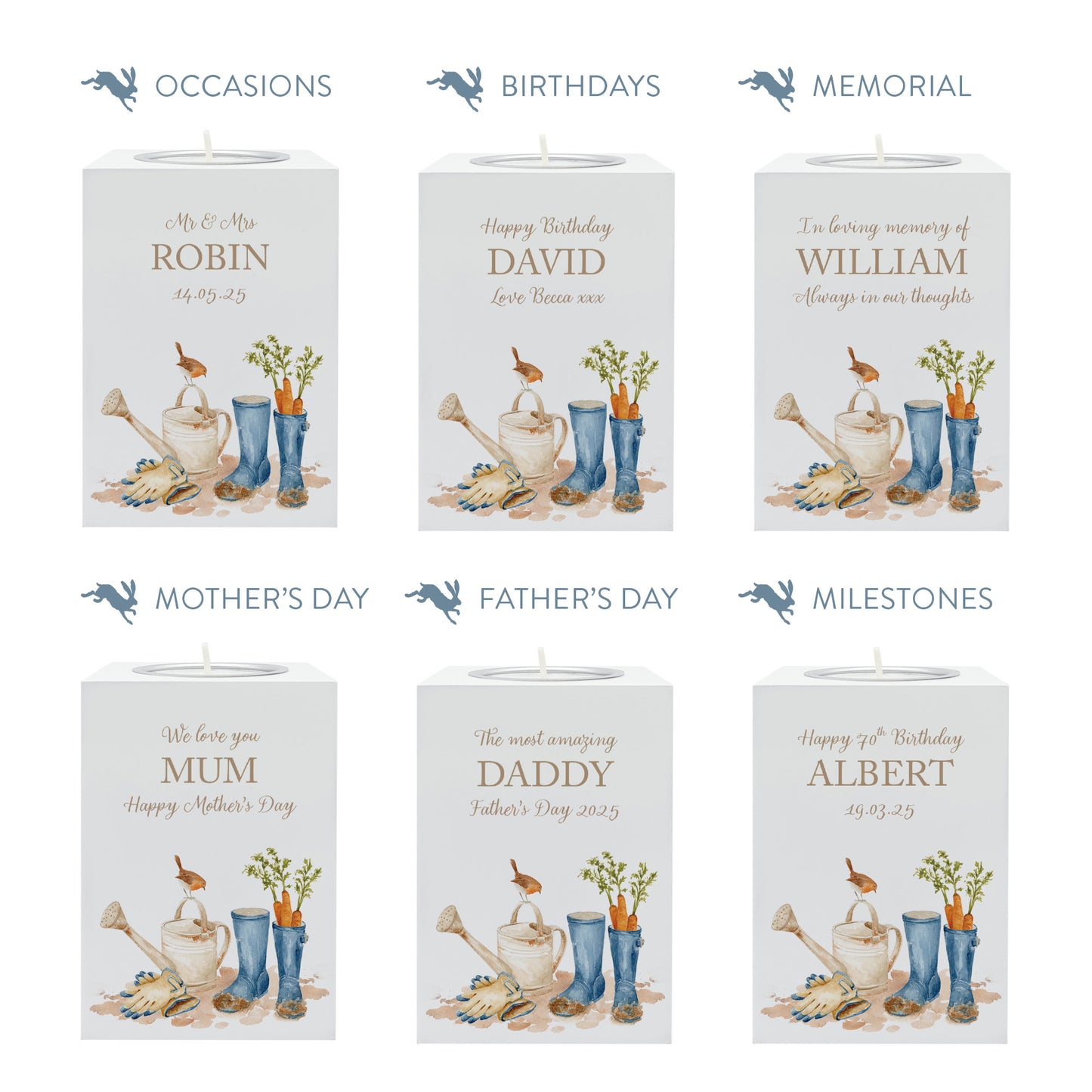 wooden cuboid luxury tealight holder with gorgeous personalised options . Each product is lovingly designed, handmade with our Countryside inspired watercolour designs. This design features blue wellies, carrots, a robin sitting on a brown watering can and some gardening gloves. unique designs for a truly one off special occasion for a loved one- The perfect memorial gift.
