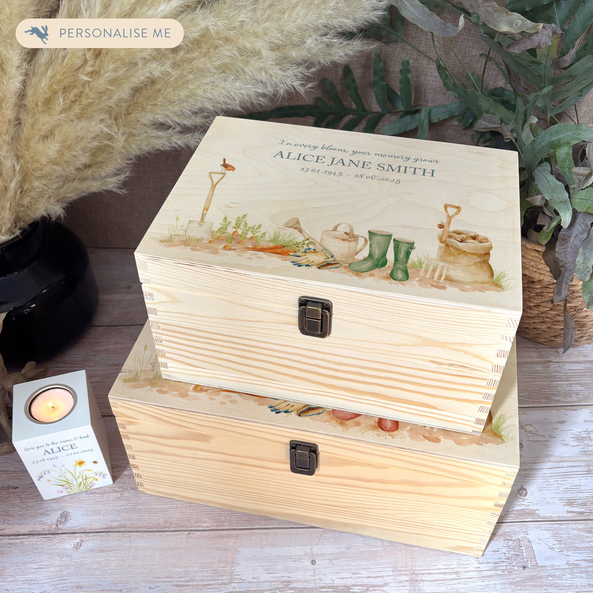 Wooden box with a decorative lid featuring illustrations of a Garden Scene available with personalising your colour wellies, perfect for mum, daughter, nan, sister and Grandad, Perfect funeral memory keepsake box, for storing ashes, order of service, flowers. capturing your loved ones favourite hobby