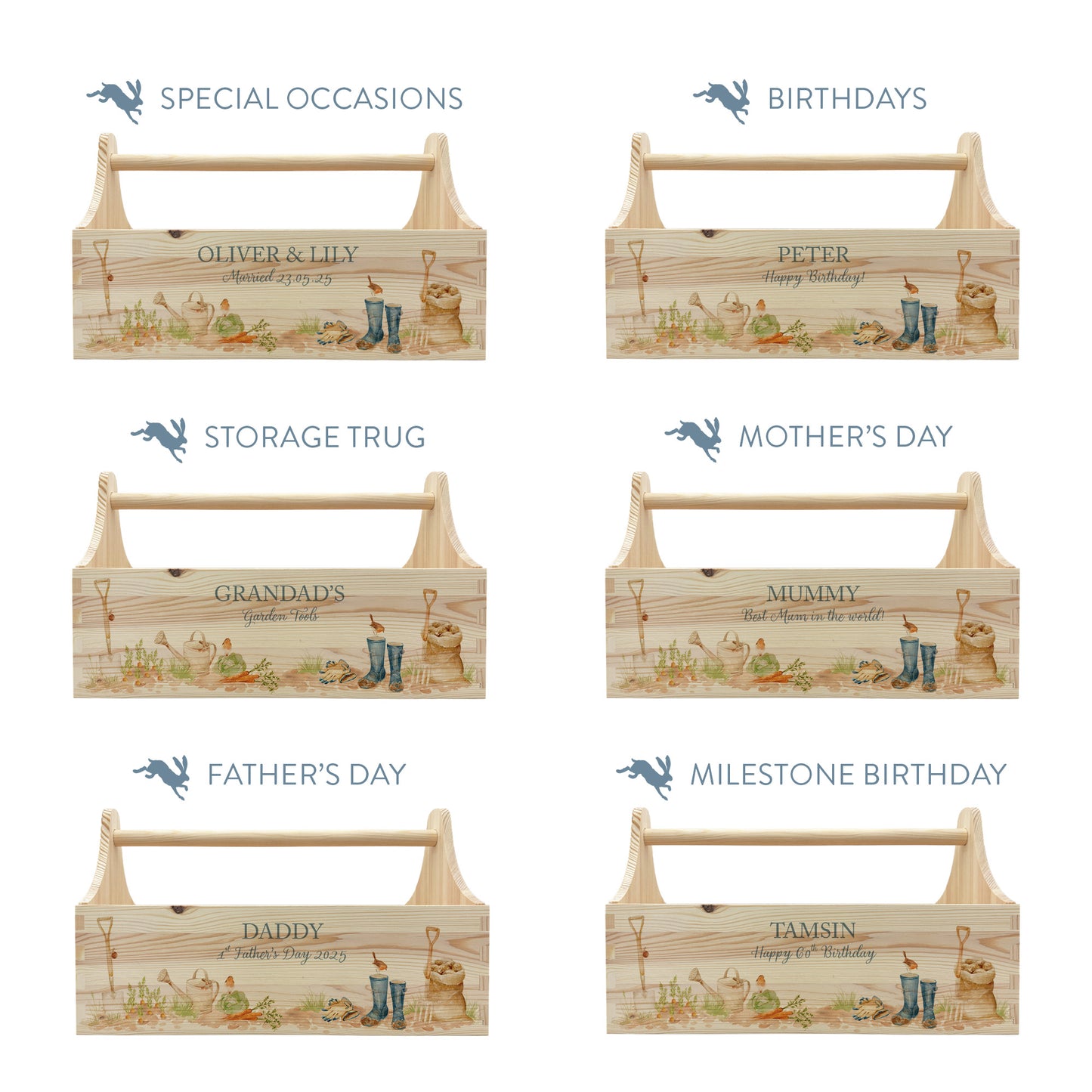 wooden luxury Trug/Caddy the perfect personalised gift. Each product is lovingly designed, handmade with our Countryside inspired watercolour designs. This design features a gardening scene with wellie boots, a sake of potatoes, vegetables, a watering con and a little robin. set in a flower bed unique designs for a truly one off special occasion for a loved one.