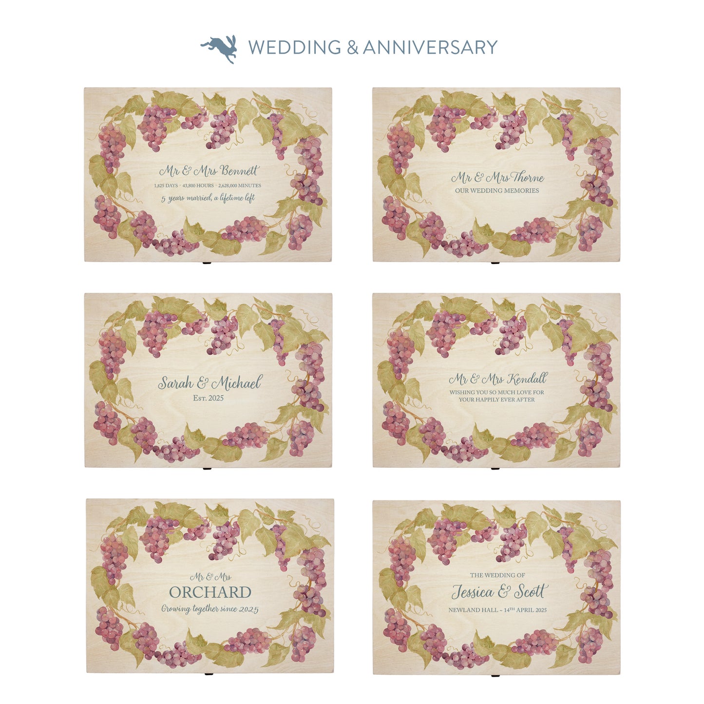 This shows our beautiful medium wooden & anniversary gift box with the various personalisation options you can choose to offer a truly customised present for a loved one. Couples names, Mr & Mrs, dates the options are endless.