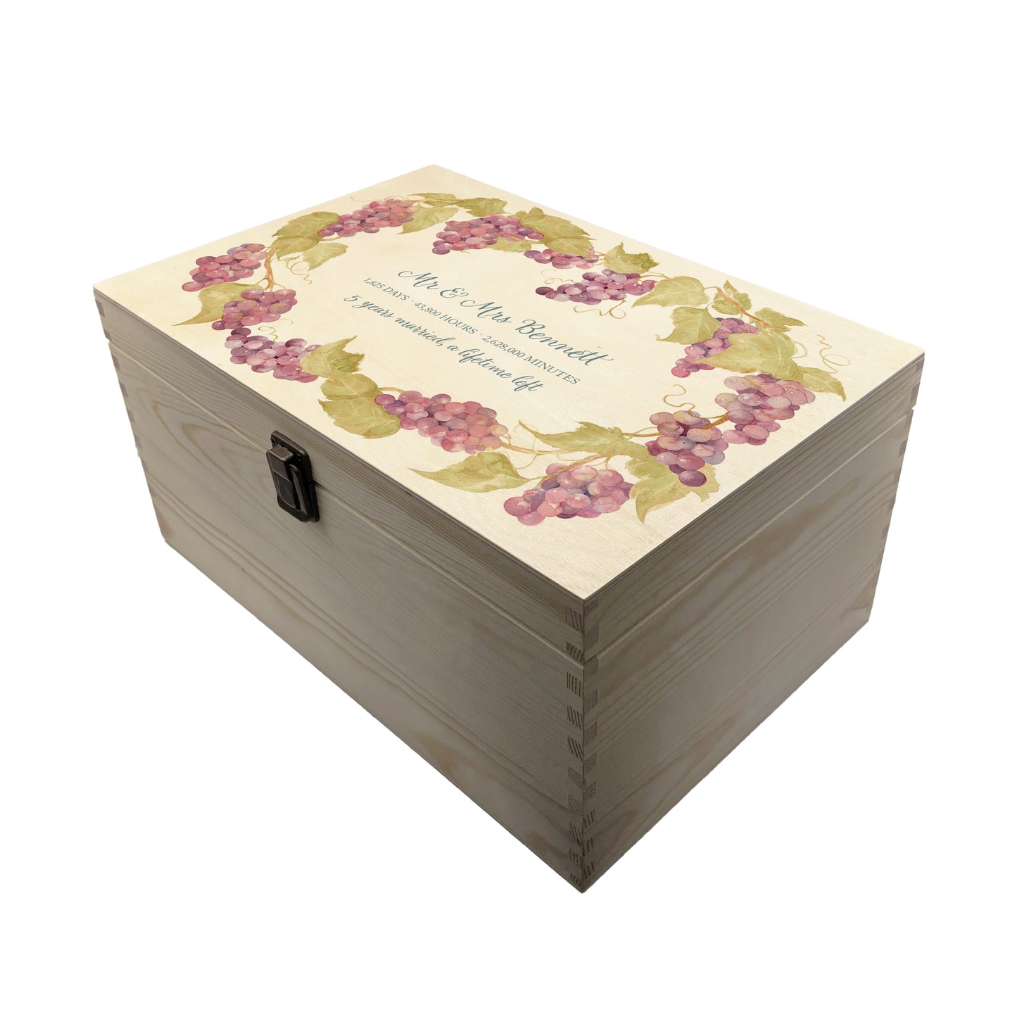 Large Grape wreath Personalised wedding keepsake box with vibrant watercolour fruit design, featuring the couple’s names and wedding date on natural pine wood.
