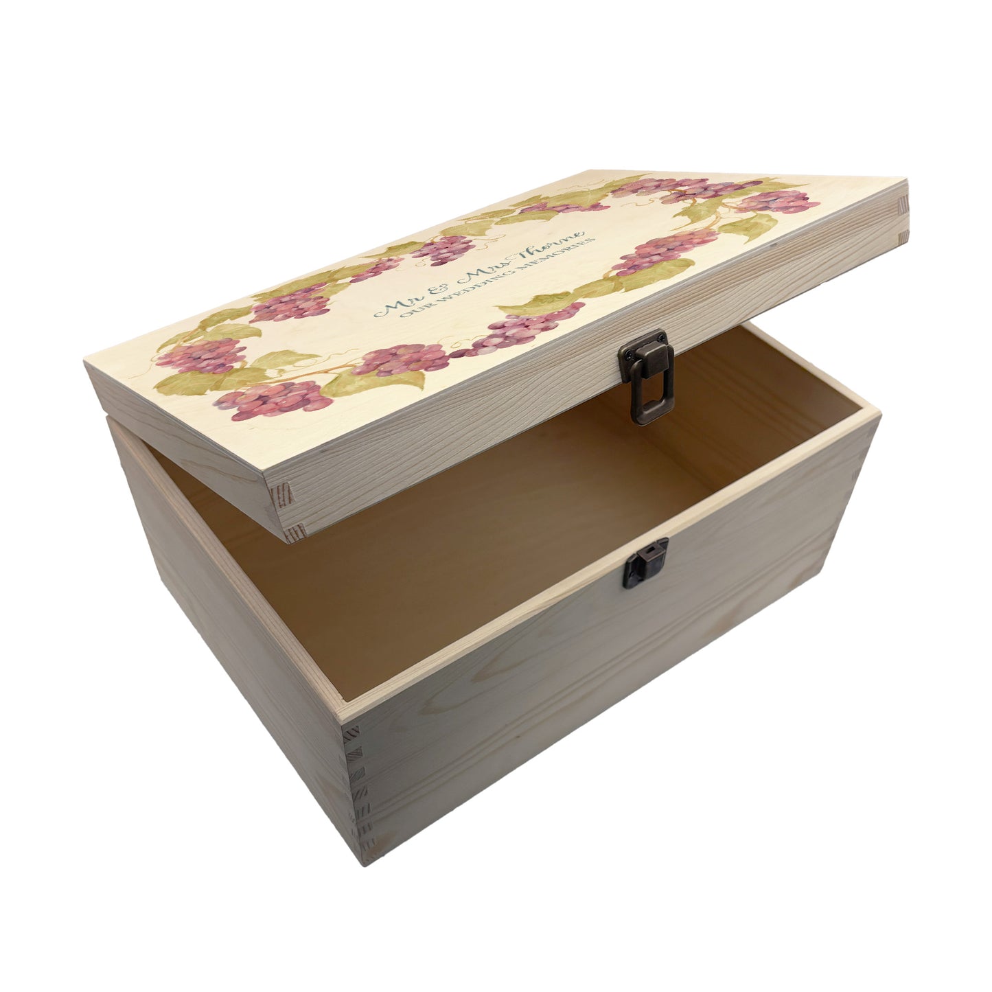 Large Grape wreath Personalised wedding keepsake box with vibrant watercolour fruit design, featuring the couple’s names and wedding date on natural pine wood.