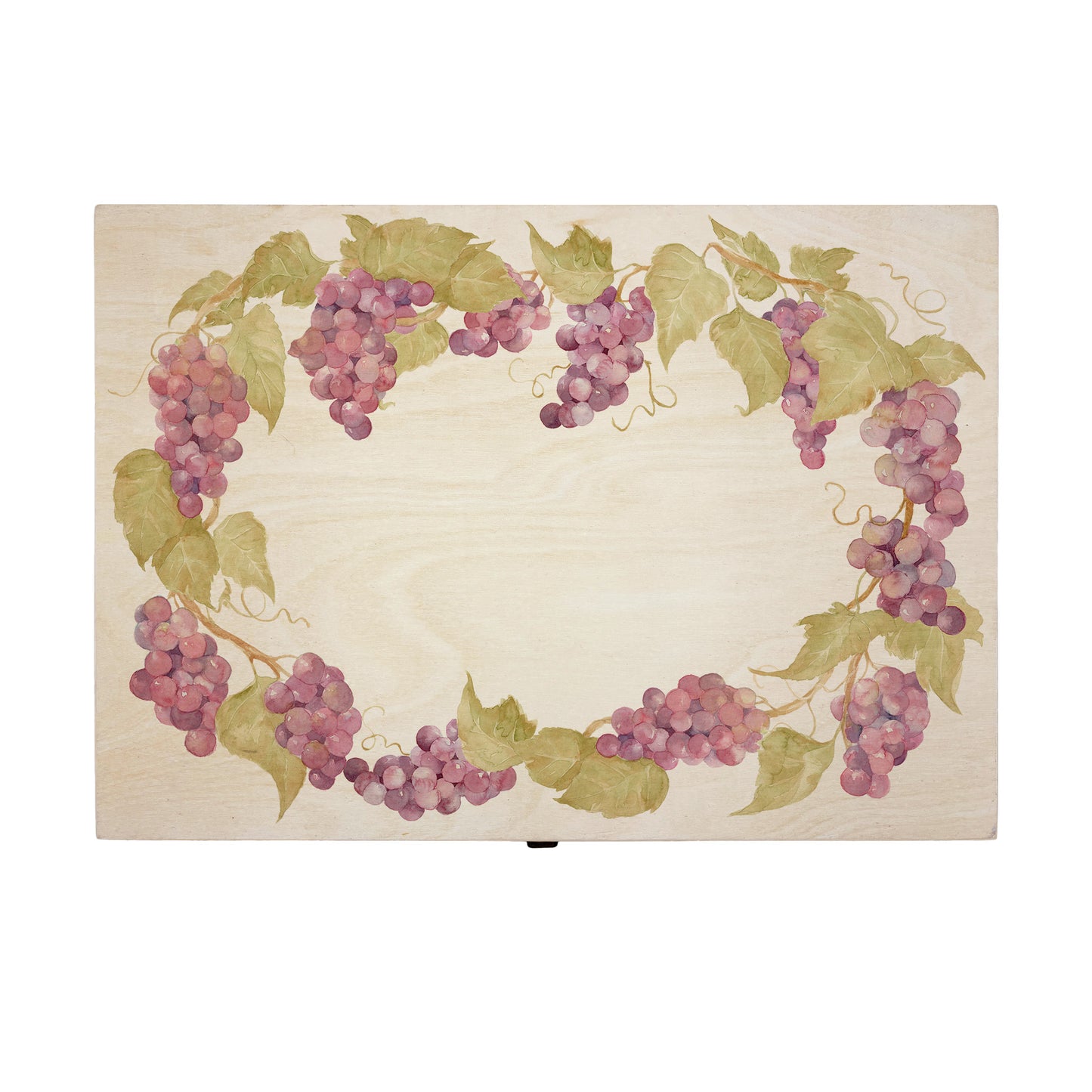 Large Grape wreath Personalised wedding keepsake box with vibrant watercolour fruit design, featuring the couple’s names and wedding date on natural pine wood.