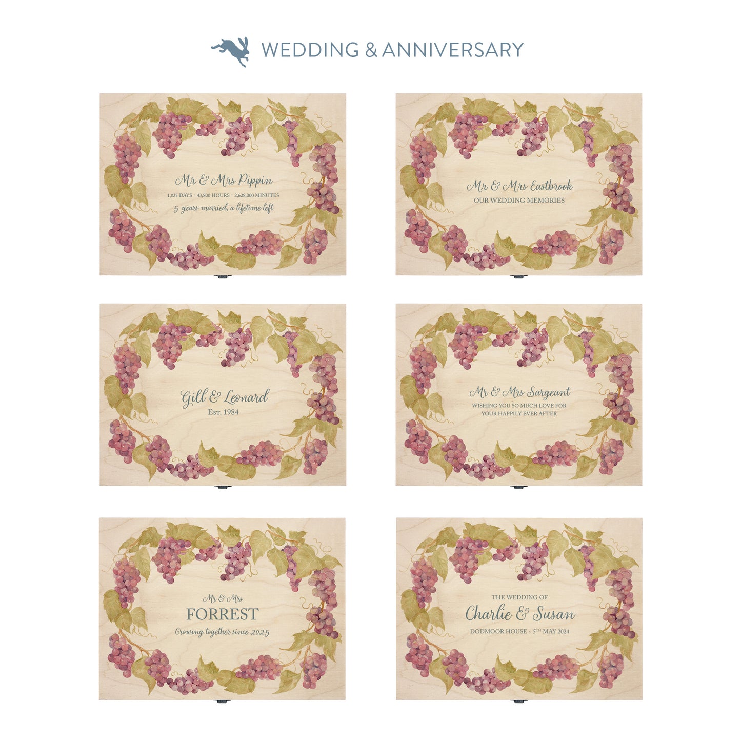 This shows our beautiful medium wooden & anniversary gift box with the various personalisation options you can choose to offer a truly customised present for a loved one. Couples names, Mr & Mrs, dates the options are endless.