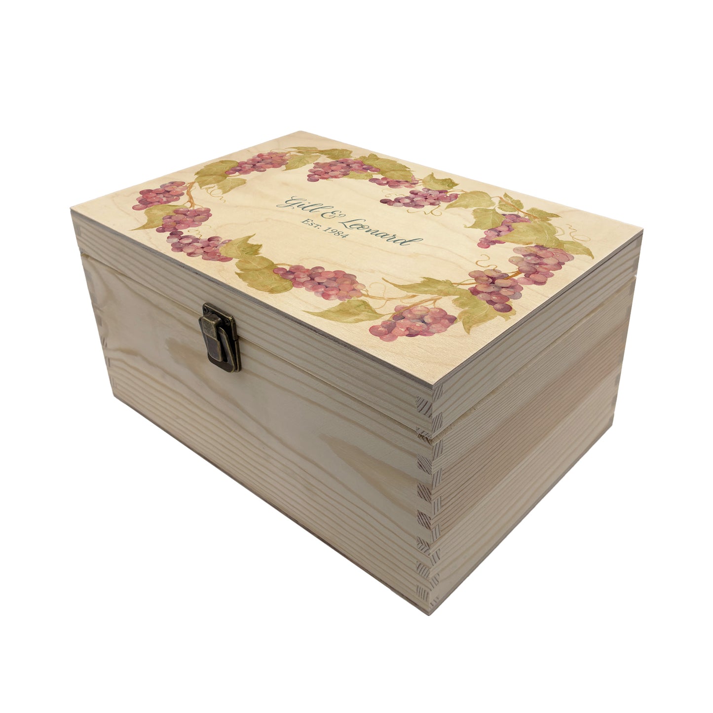 Medium Grape wreath Personalised wedding keepsake box with vibrant watercolour fruit design, featuring the couple’s names and wedding date on natural pine wood.