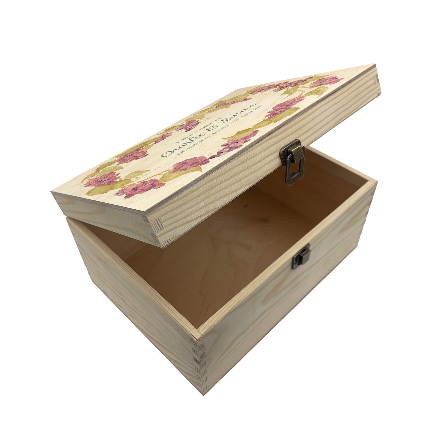 Medium Grape wreath Personalised wedding keepsake box with vibrant watercolour fruit design, featuring the couple’s names and wedding date on natural pine wood.