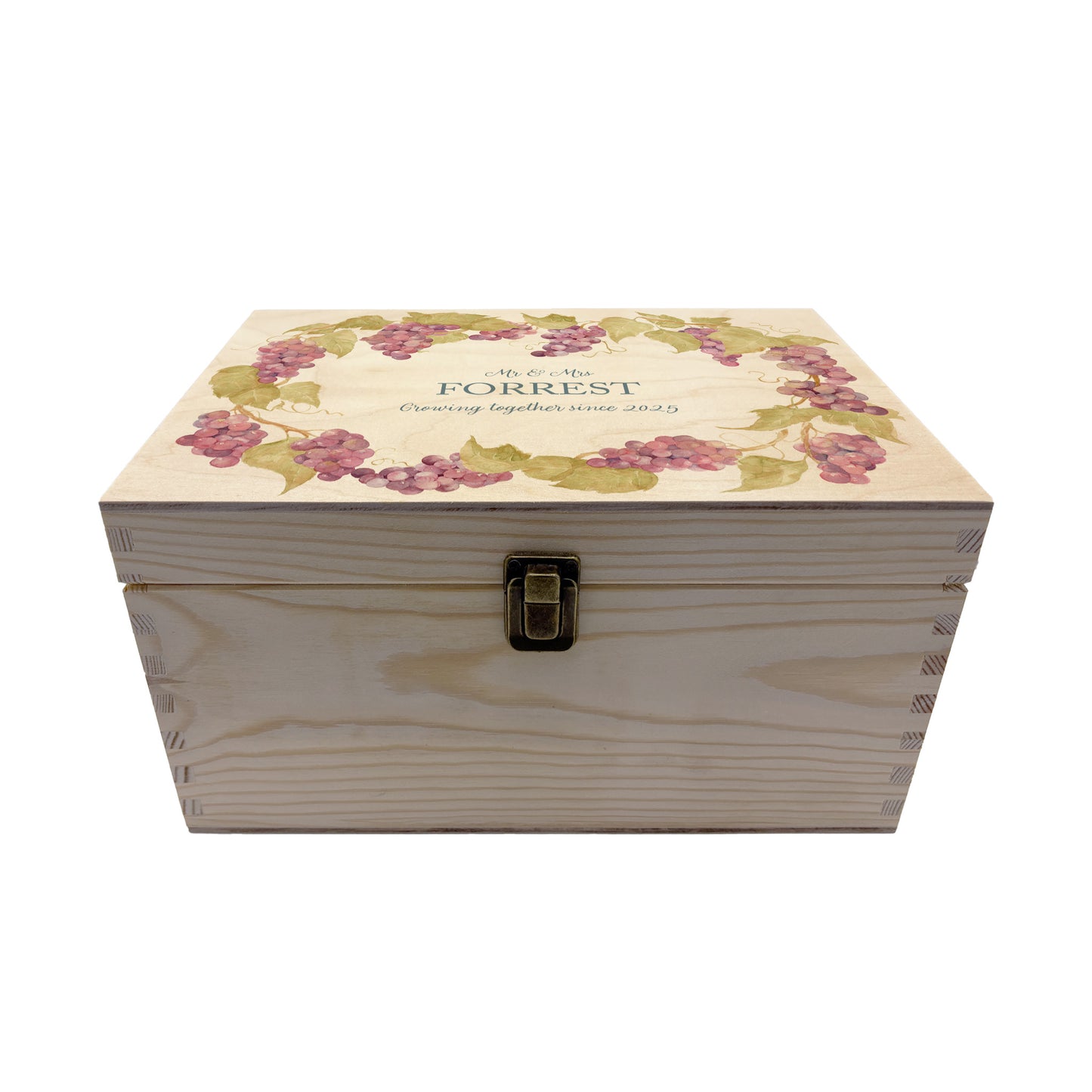 Medium Grape wreath Personalised wedding keepsake box with vibrant watercolour fruit design, featuring the couple’s names and wedding date on natural pine wood.