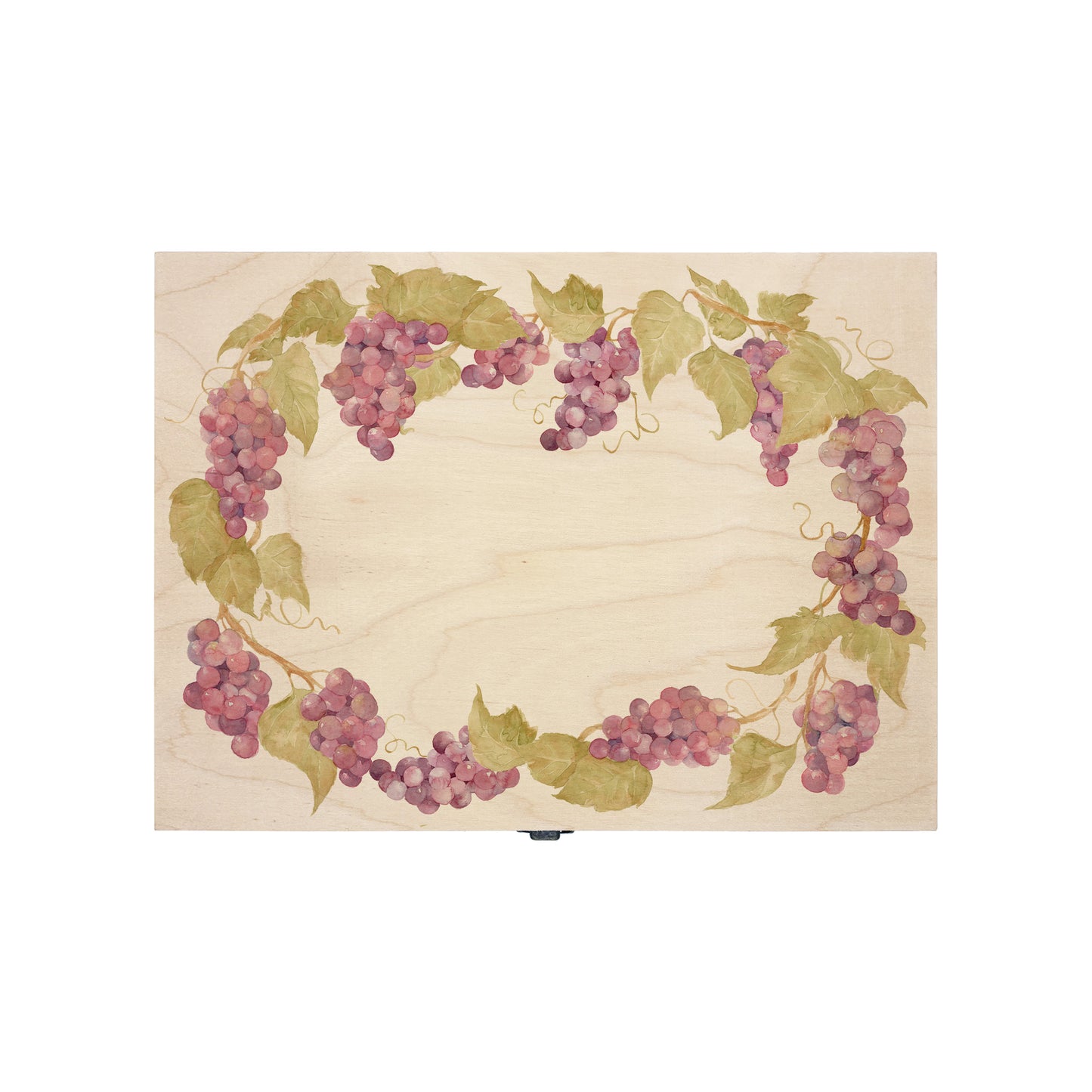 Medium Grape wreath Personalised wedding keepsake box with vibrant watercolour fruit design, featuring the couple’s names and wedding date on natural pine wood.