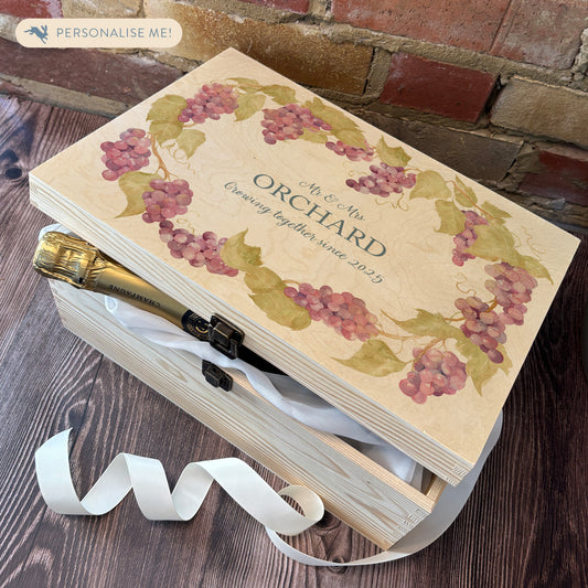 Large Grape wreath Personalised wedding keepsake box with vibrant watercolour fruit design, featuring the couple’s names and wedding date on natural pine wood. Great for newly weds, anniversary gifts, valentines day. This shows you how can add some special treats for someone special.