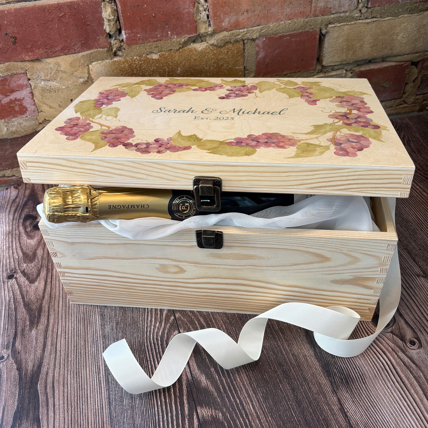 Large Grape wreath Personalised wedding keepsake box with vibrant watercolour fruit design, featuring the couple’s names and wedding date on natural pine wood. Great for newly weds, anniversary gifts, valentines day. This shows you how can add some special treats for someone special.