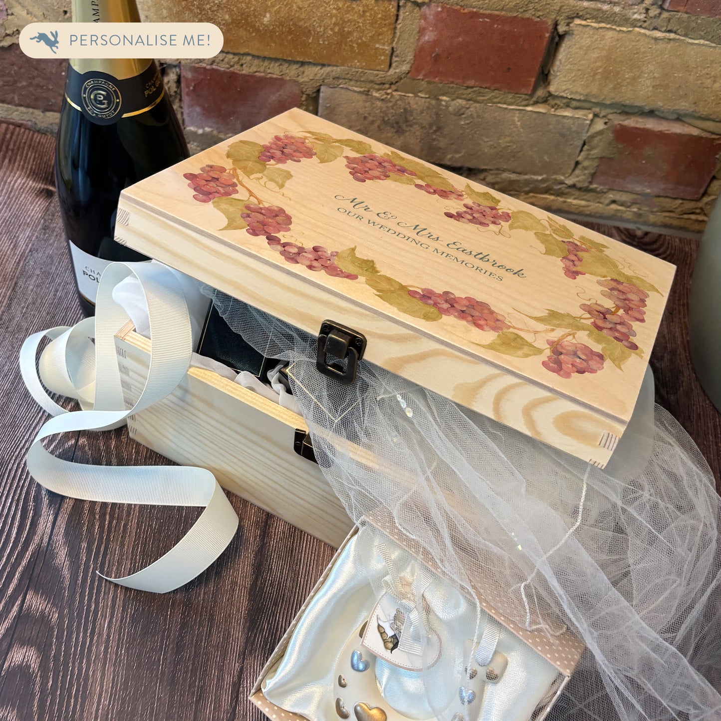 Medium Grape wreath Personalised wedding keepsake box with vibrant watercolour fruit design, featuring the couple’s names and wedding date on natural pine wood.