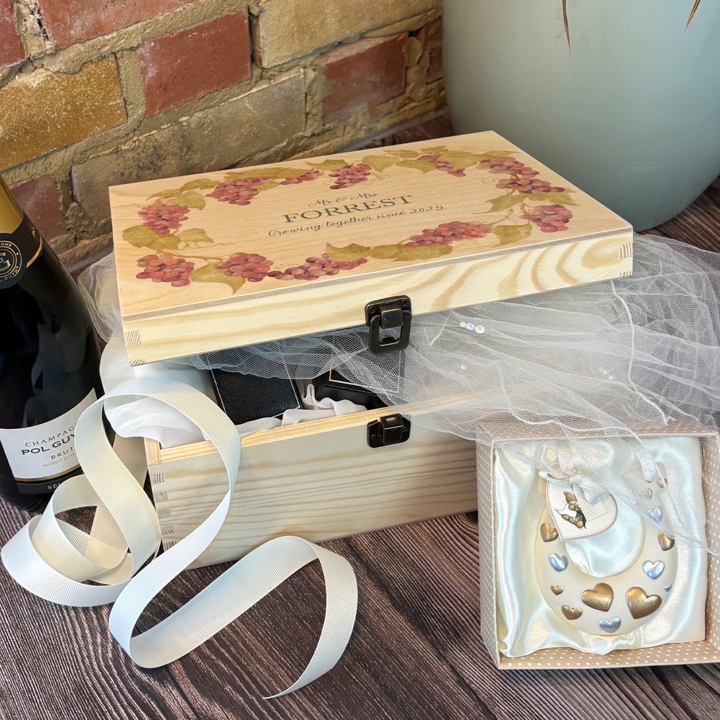 Medium Grape wreath Personalised wedding keepsake box with vibrant watercolour fruit design, featuring the couple’s names and wedding date on natural pine wood.