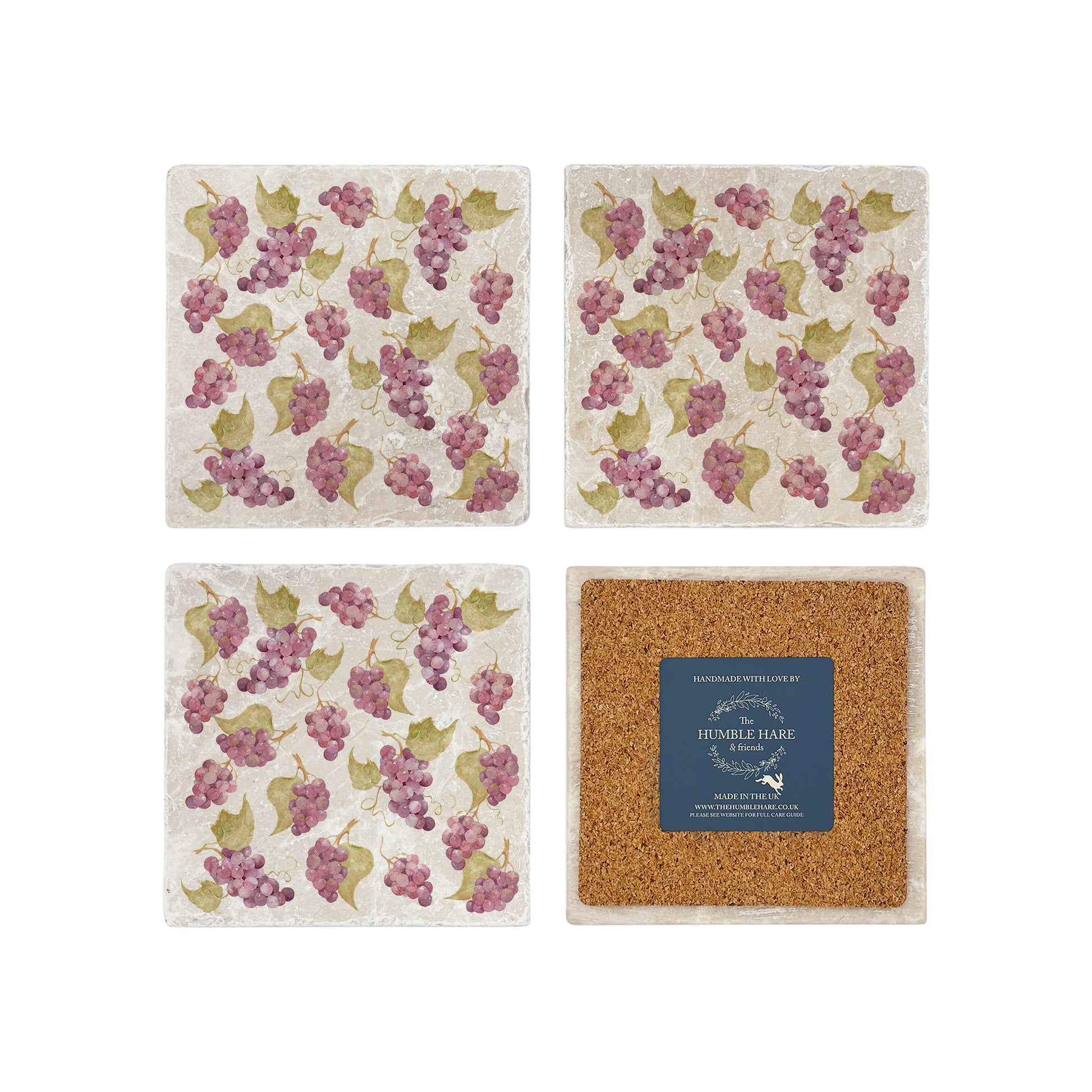 A set of 4 square marble coasters, featuring a maximalist watercolour grape vine pattern. One coaster is flipped to show that the coasters are backed with cork.
