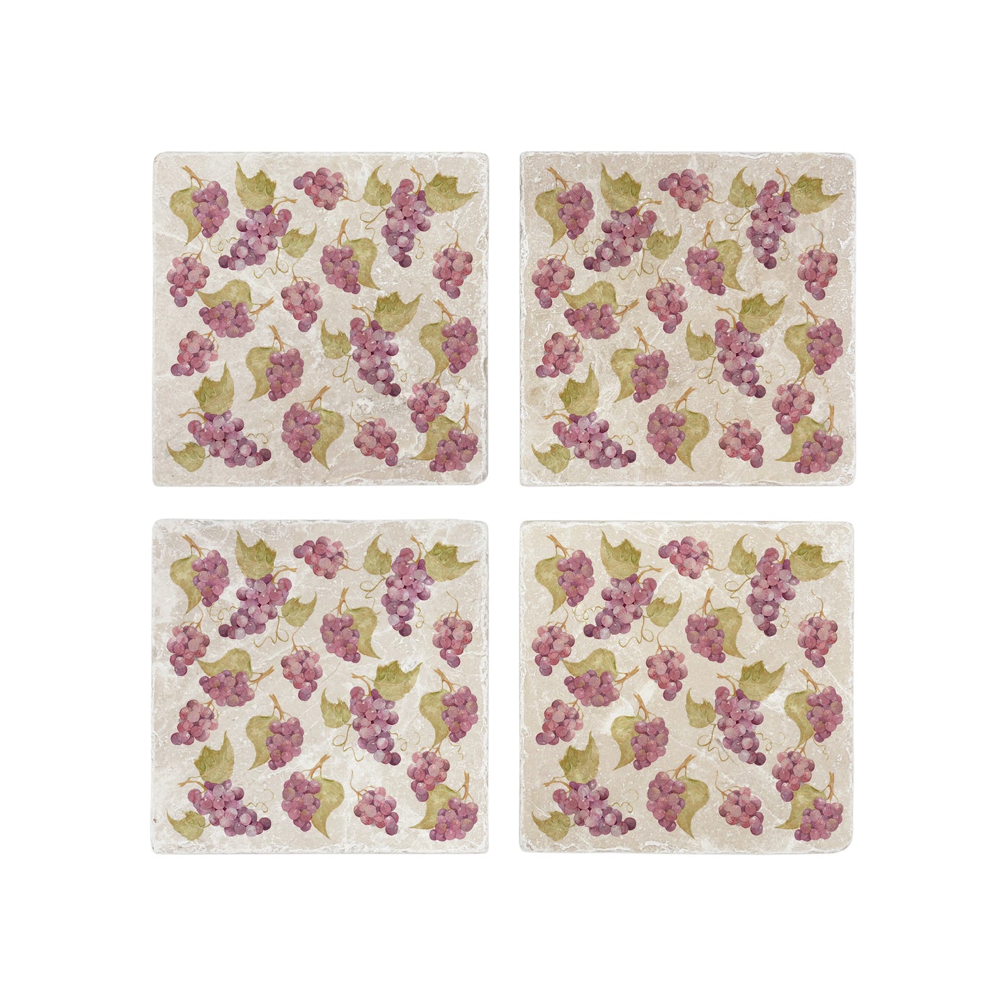 A set of 4 square marble coasters, featuring a maximalist watercolour grape vine pattern.