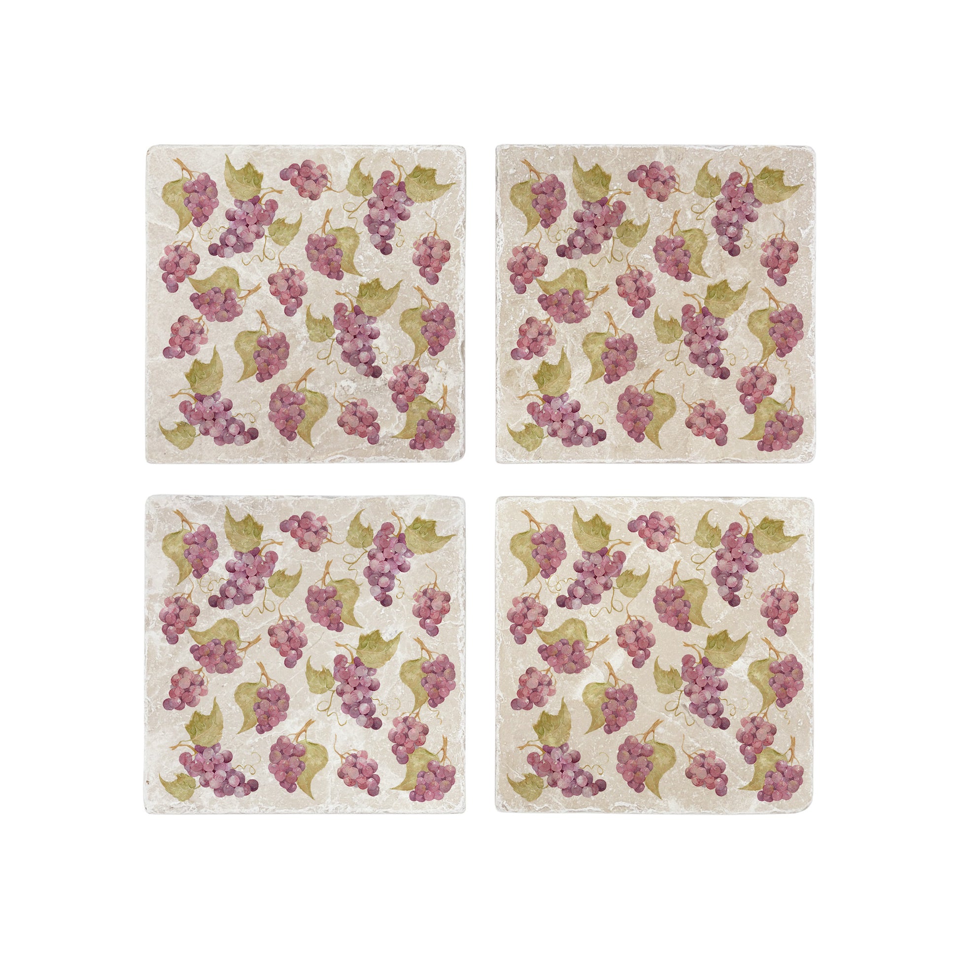 A set of 4 square marble coasters, featuring a maximalist watercolour grape vine pattern.