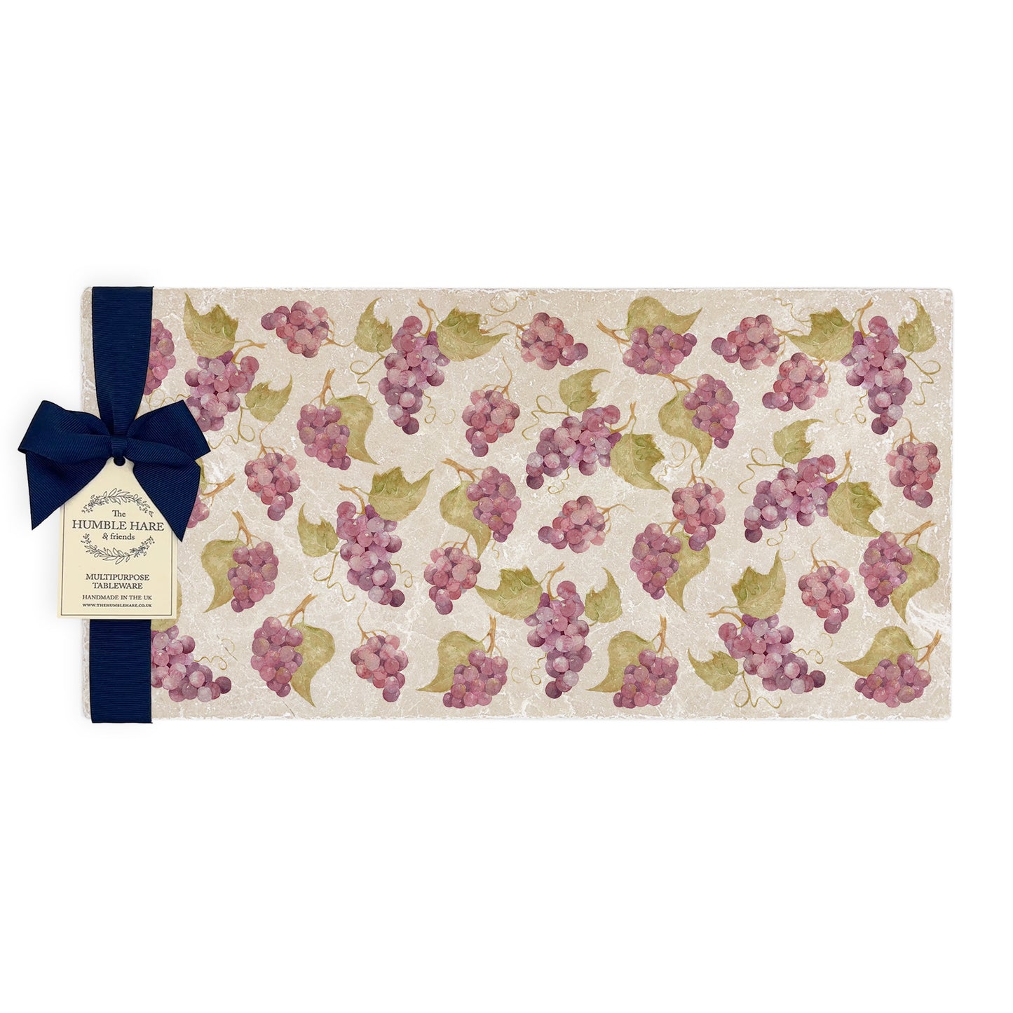 A multipurpose marble sharing platter with a watercolour grape vine pattern, packaged with a luxurious dark blue bow and branded gift tag.