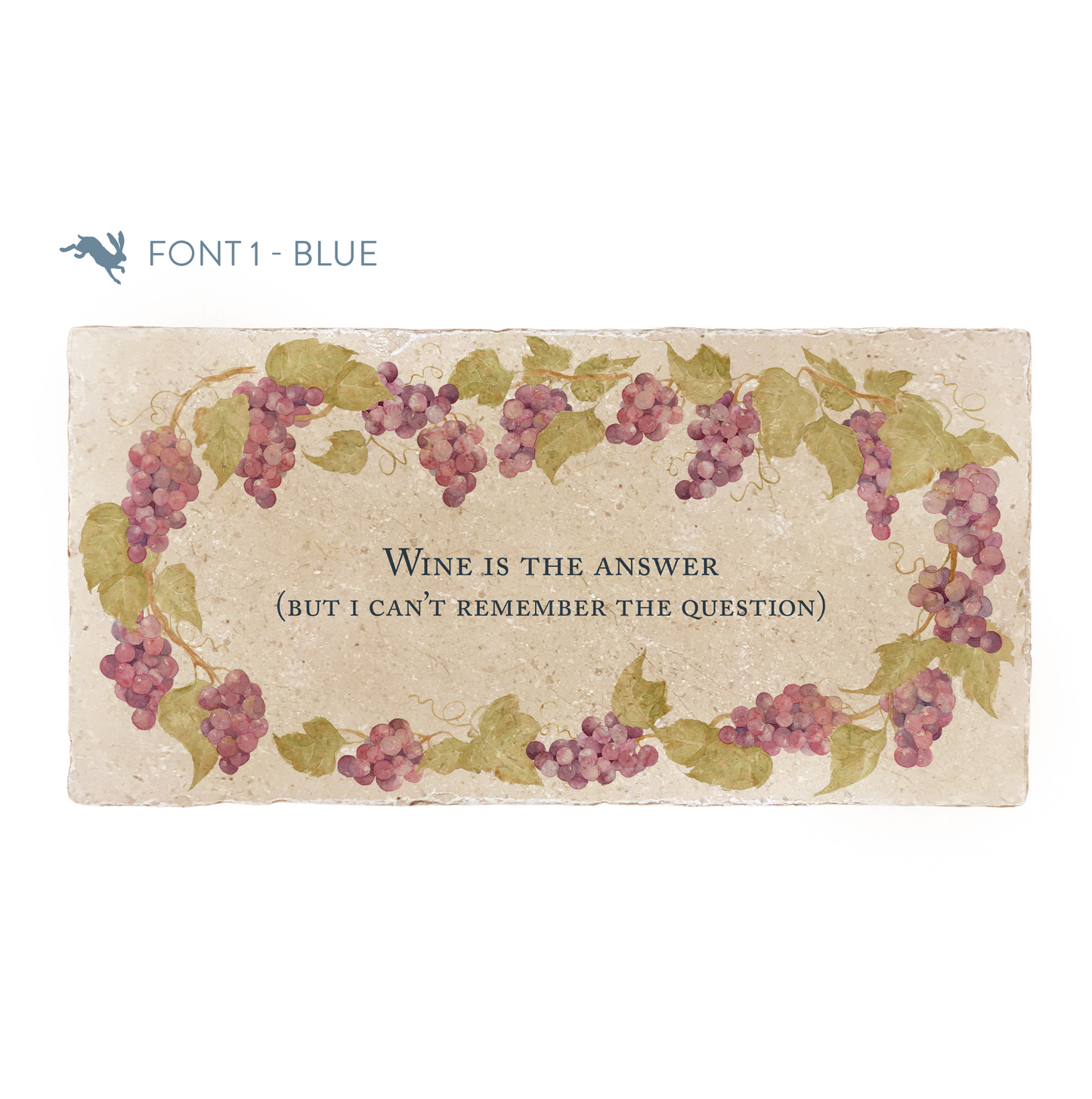 A marble sharing platter featuring a wreath of grape vines and leaves, personalised with the bespoke message ‘Wine is the answer (but I can’t remember the question)' in the centre of the platter in a blue font.