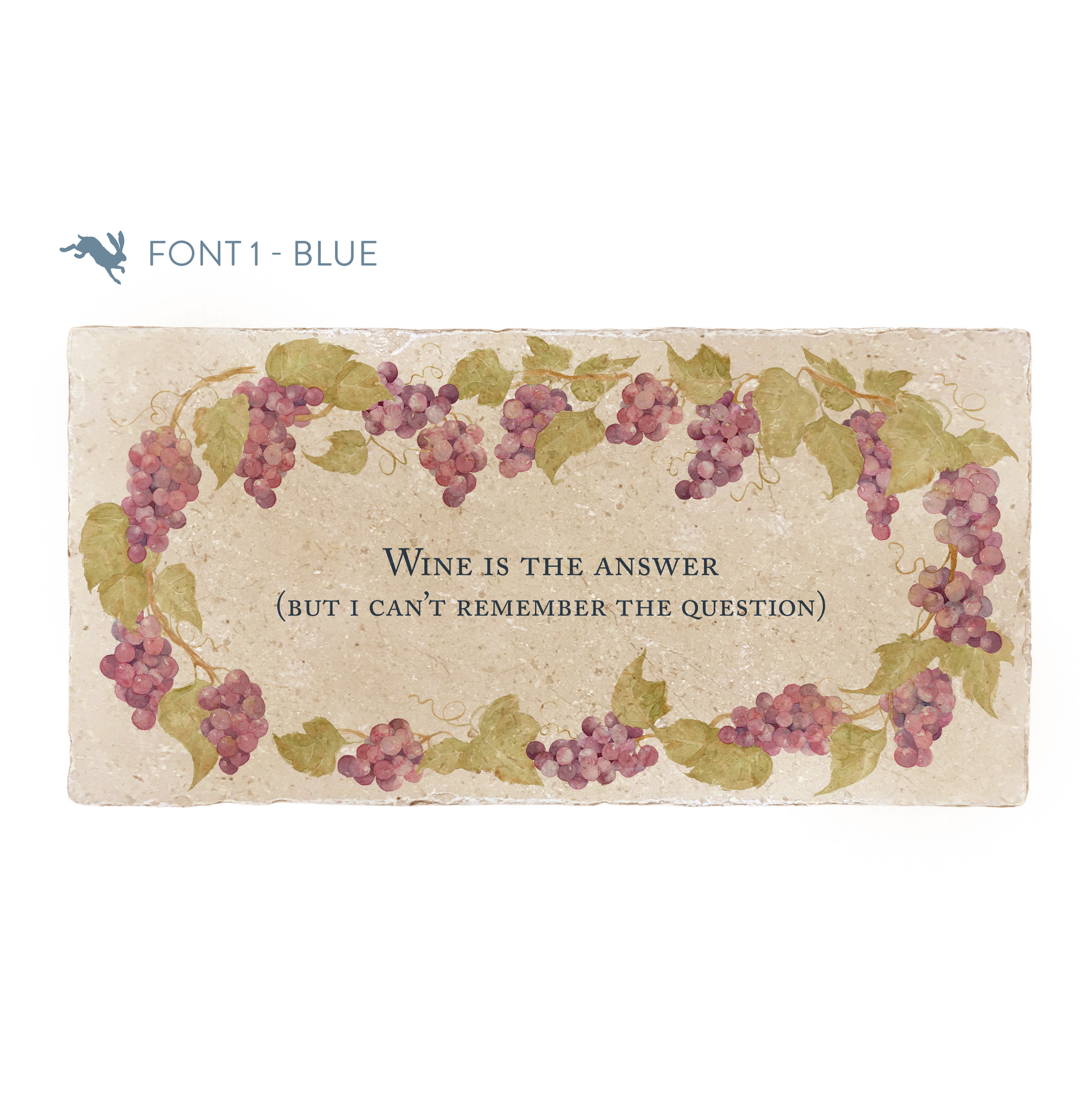 A marble sharing platter featuring a wreath of grape vines and leaves, personalised with the bespoke message ‘Wine is the answer (but I can’t remember the question)' in the centre of the platter in a blue font.