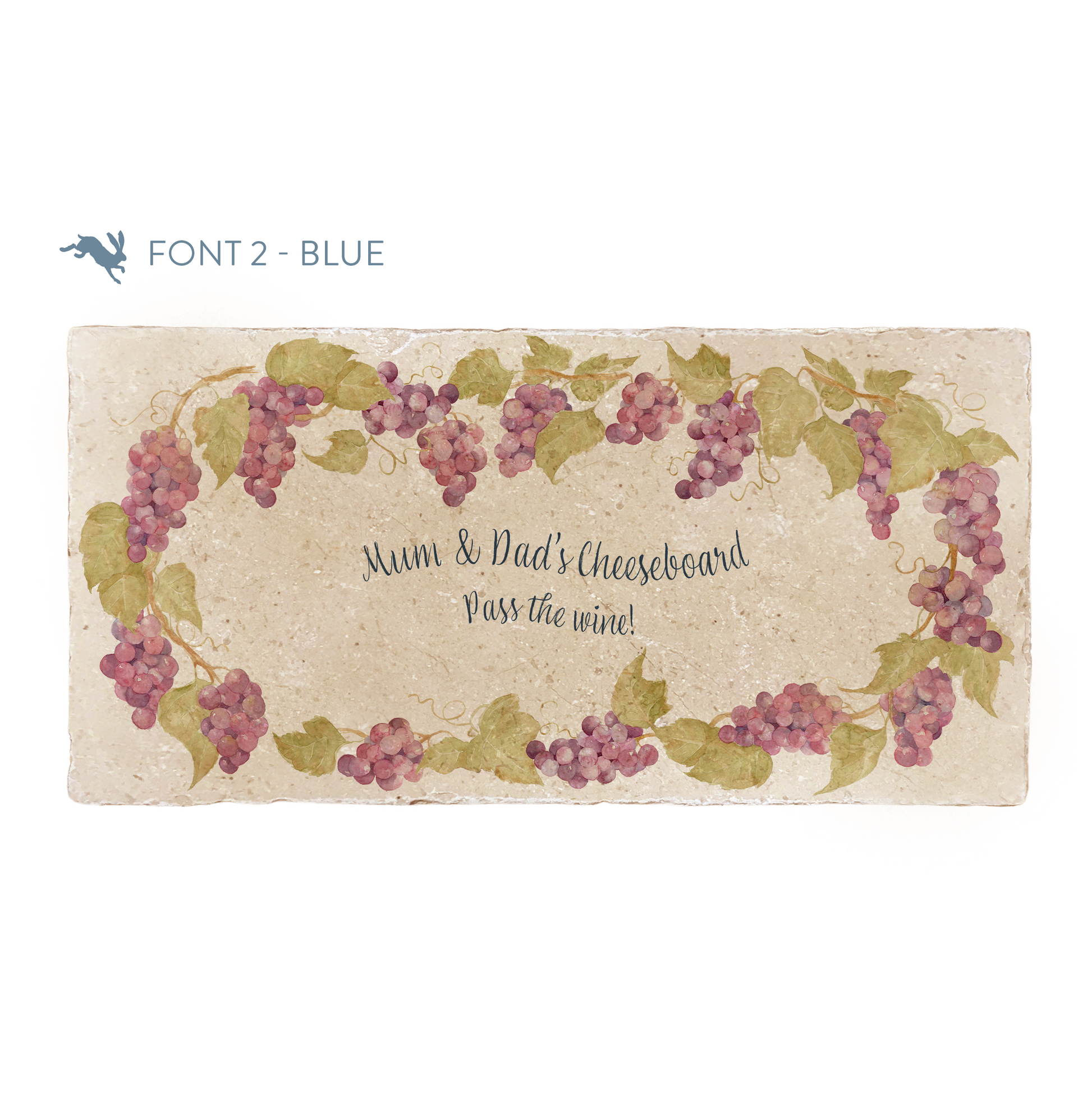 A marble sharing platter featuring a wreath of grape vines and leaves, personalised with the bespoke message ‘Mum & Dad’s Cheeseboard, pass the wine!’ in the centre of the platter in a blue calligraphy font.