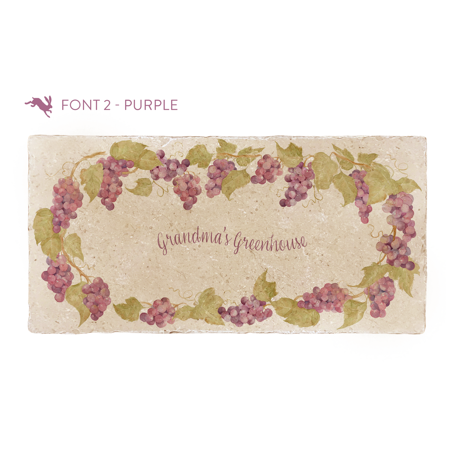 A marble sharing platter featuring a wreath of grape vines and leaves, personalised with ‘Grandma’s Greenhouse’ in the centre of the platter in a purple calligraphy font.
