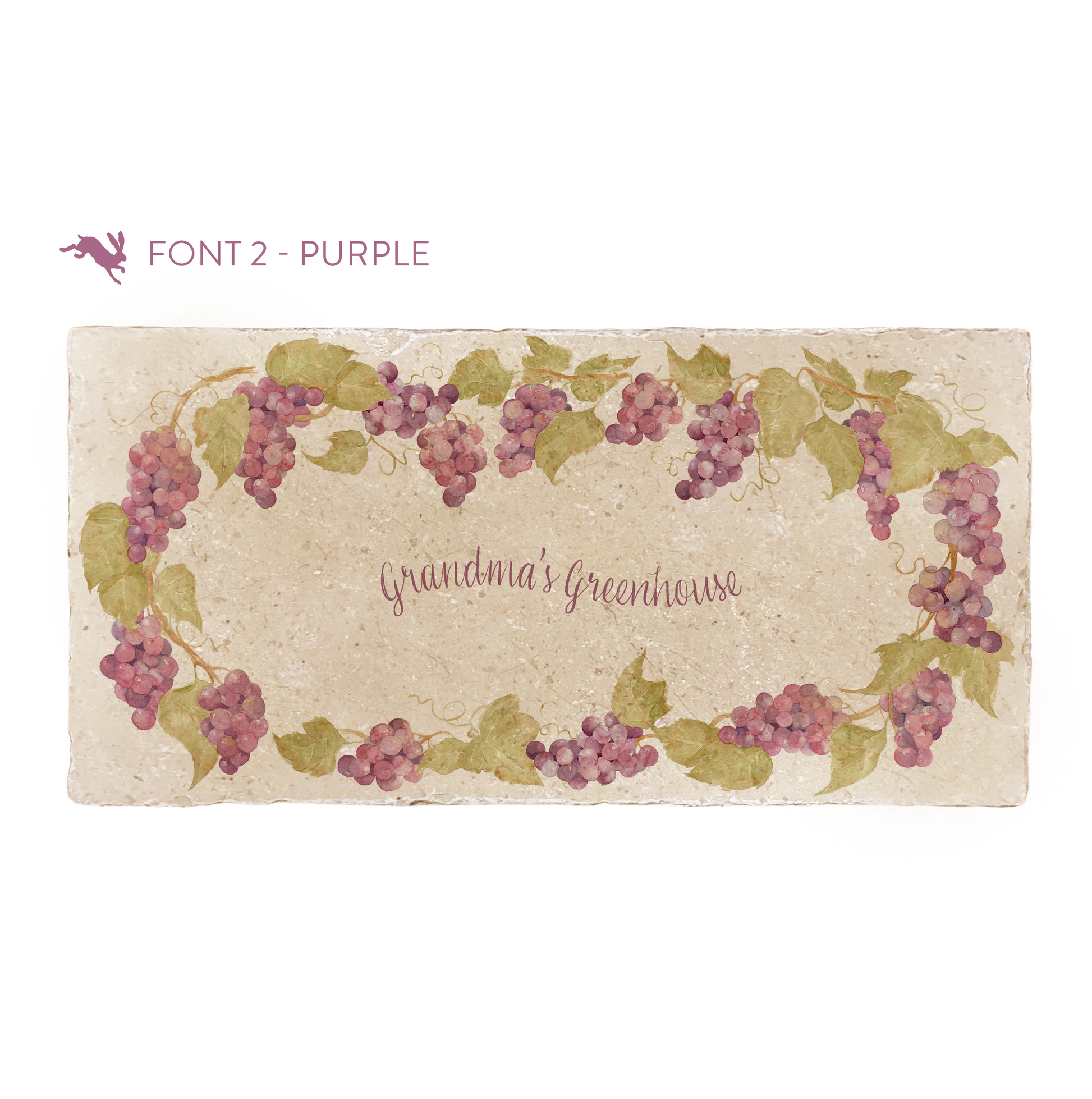 A marble sharing platter featuring a wreath of grape vines and leaves, personalised with ‘Grandma’s Greenhouse’ in the centre of the platter in a purple calligraphy font.