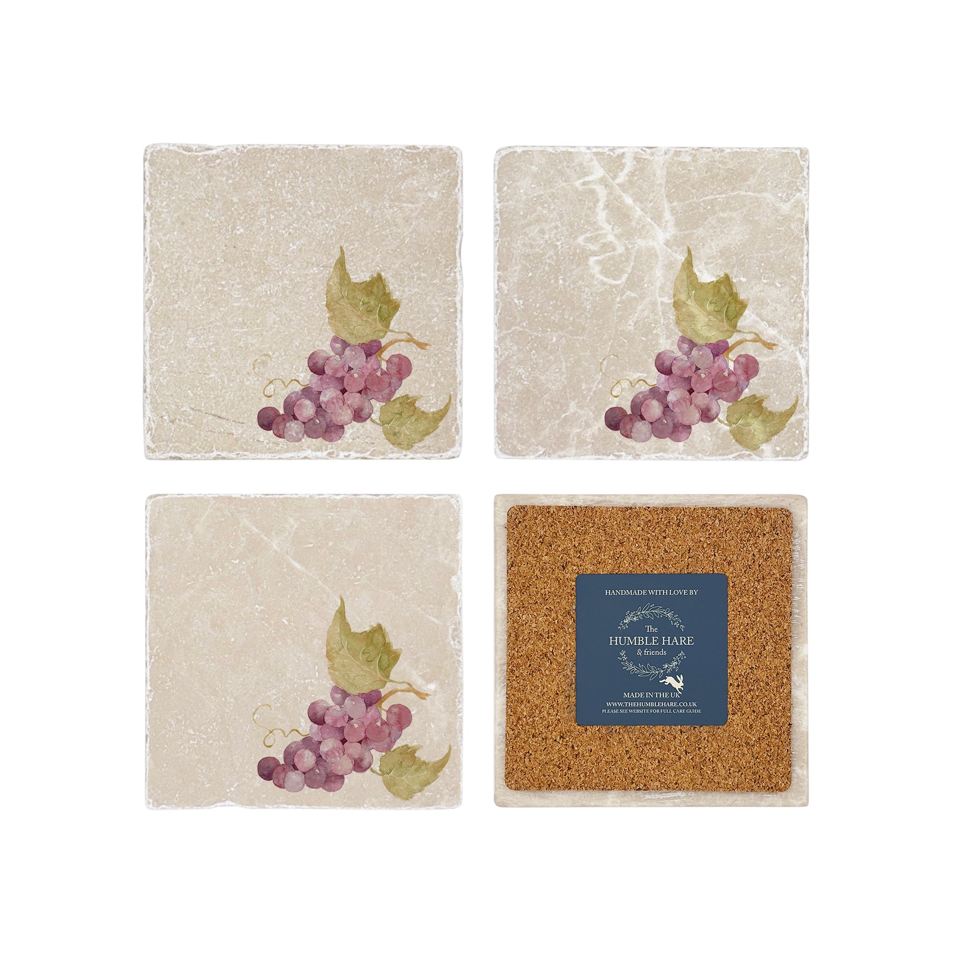 A set of 4 square marble coasters, featuring a single watercolour bunch of grapes. One coaster is flipped to show that the coasters are backed with cork.