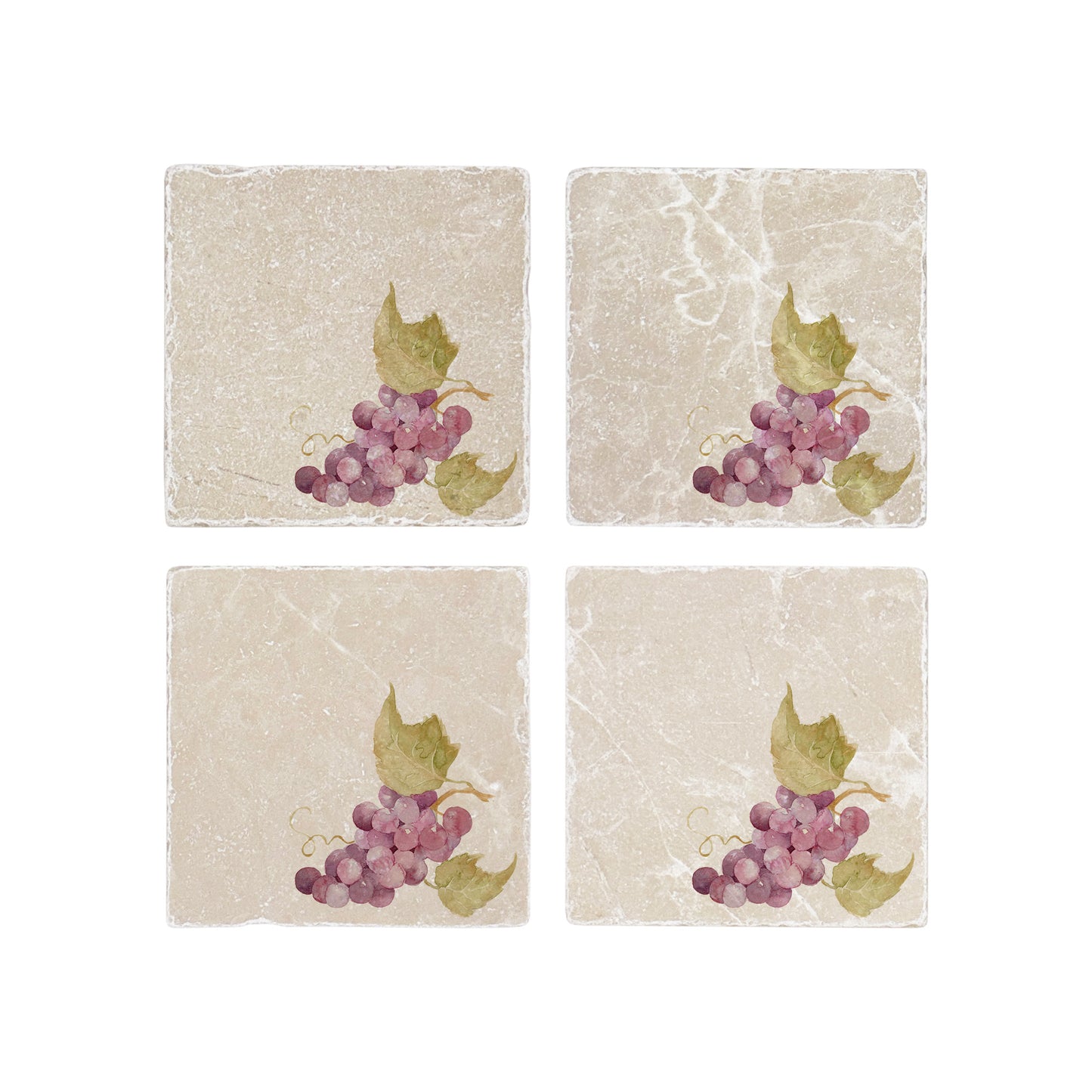 A set of 4 square marble coasters, featuring a minimalistic watercolour grape vine design.
