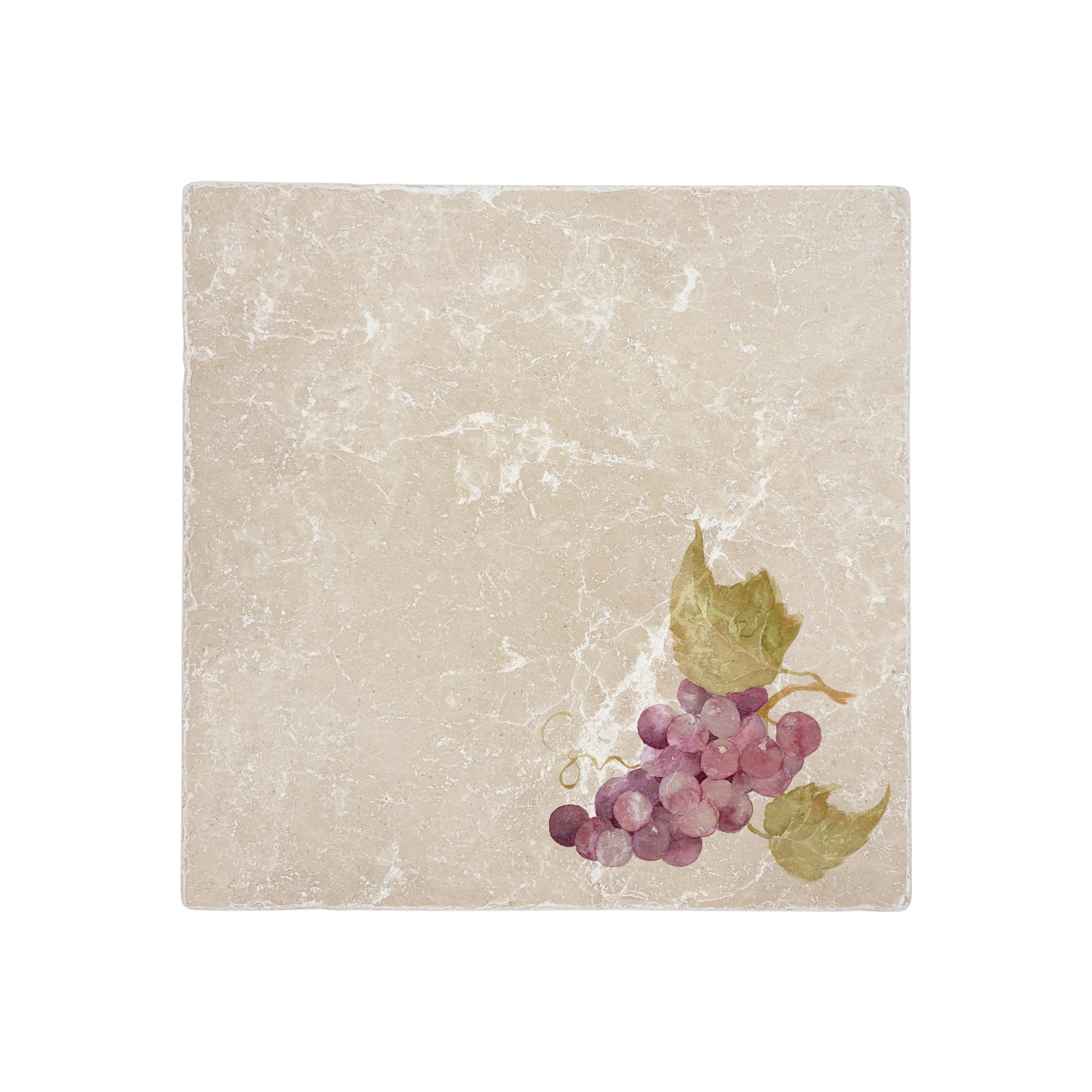 A medium square multipurpose marble platter, featuring a watercolour design of a single bunch of grapes with leaves.