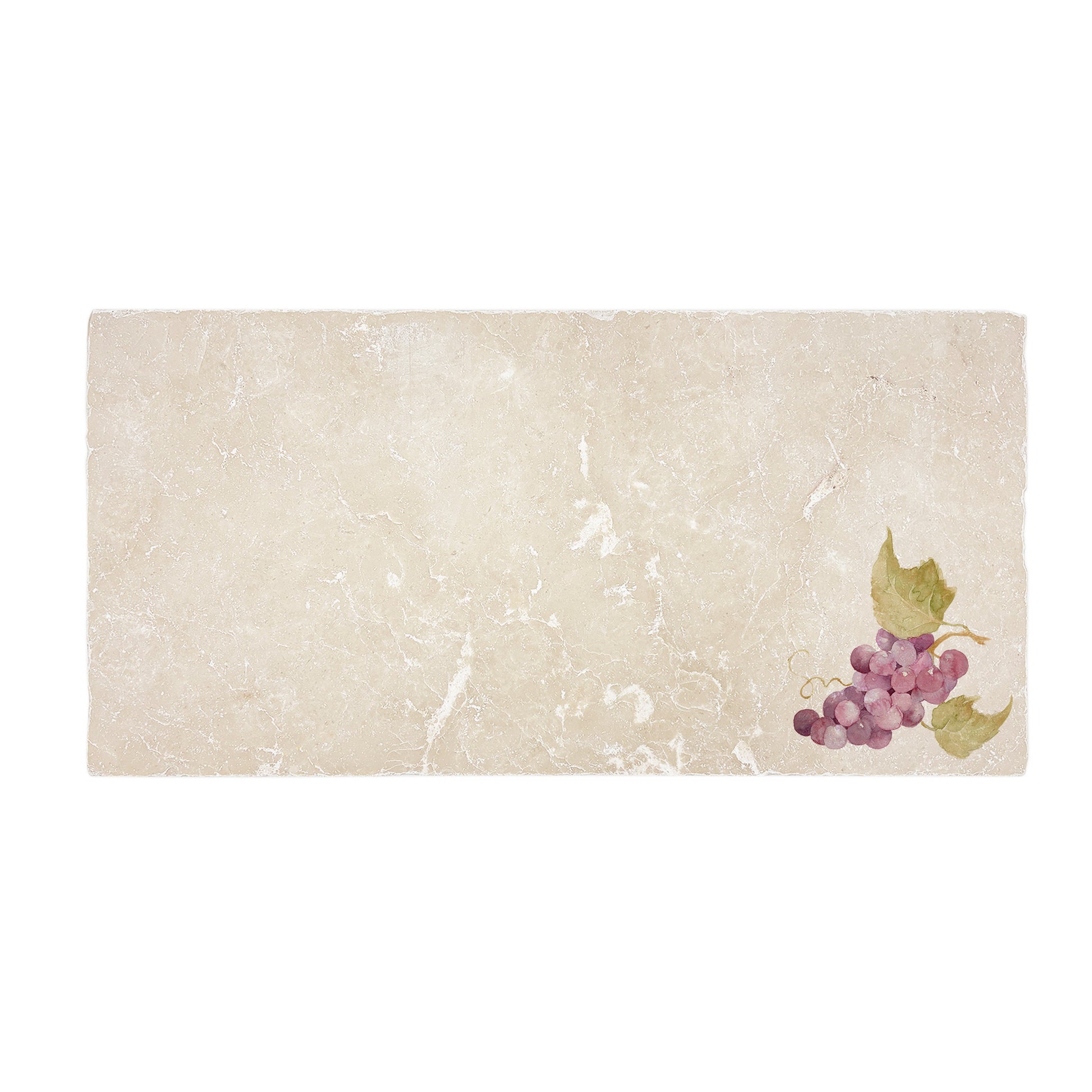 A rectangular marble sharing platter, featuring a watercolour design of a single bunch of grapes with leaves.