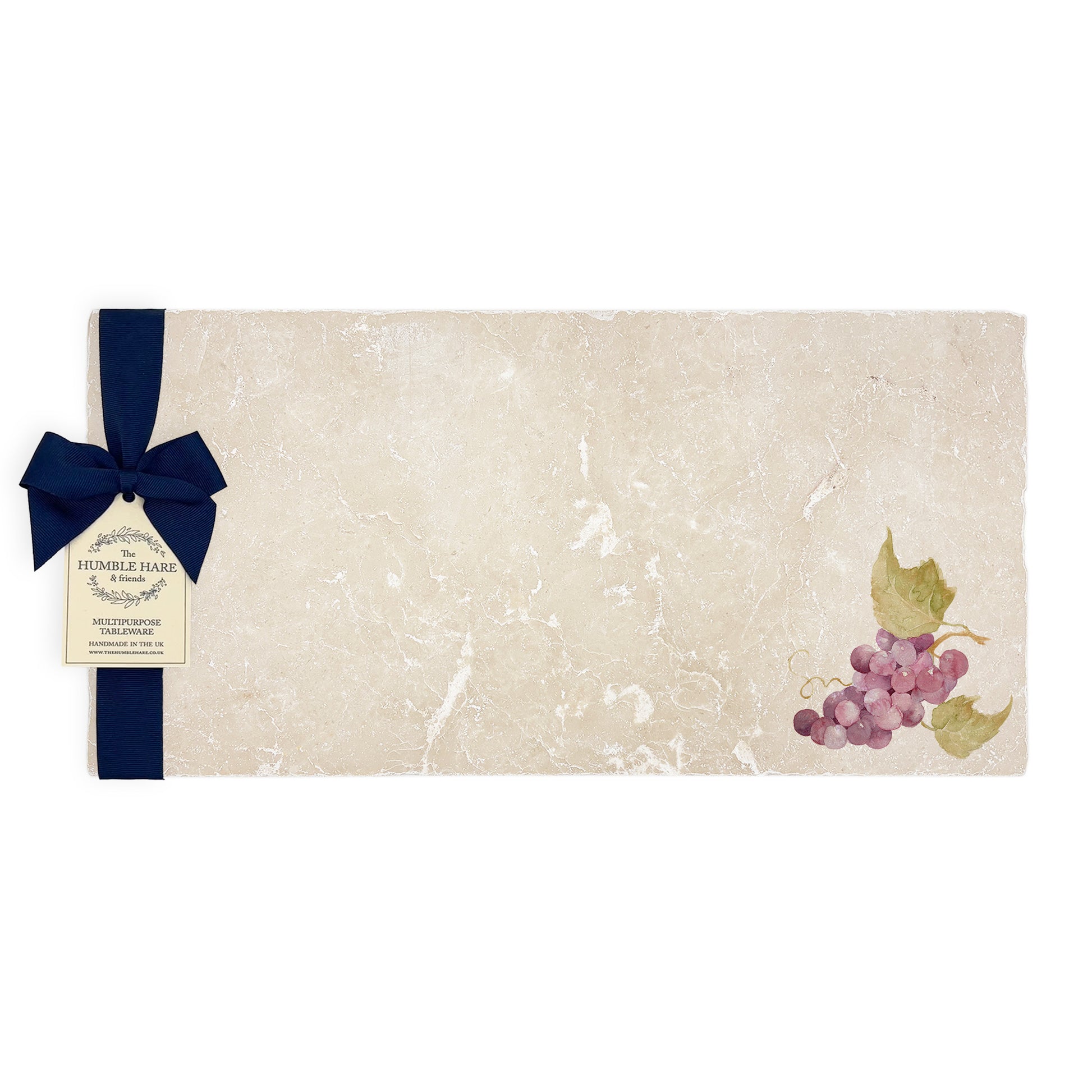 A multipurpose marble sharing platter with a watercolour minimalistic grape vine, packaged with a luxurious dark blue bow and branded gift tag.