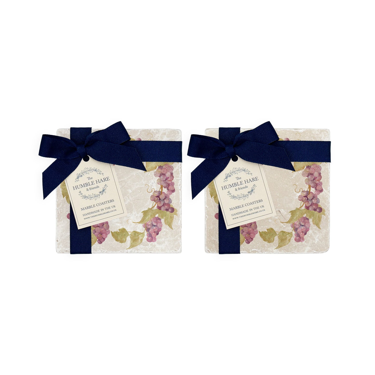 A set of 4 handmade marble coasters featuring a watercolour grape vine wreath design, packaged in 2 pairs, with a luxurious blue bow and gift tag.