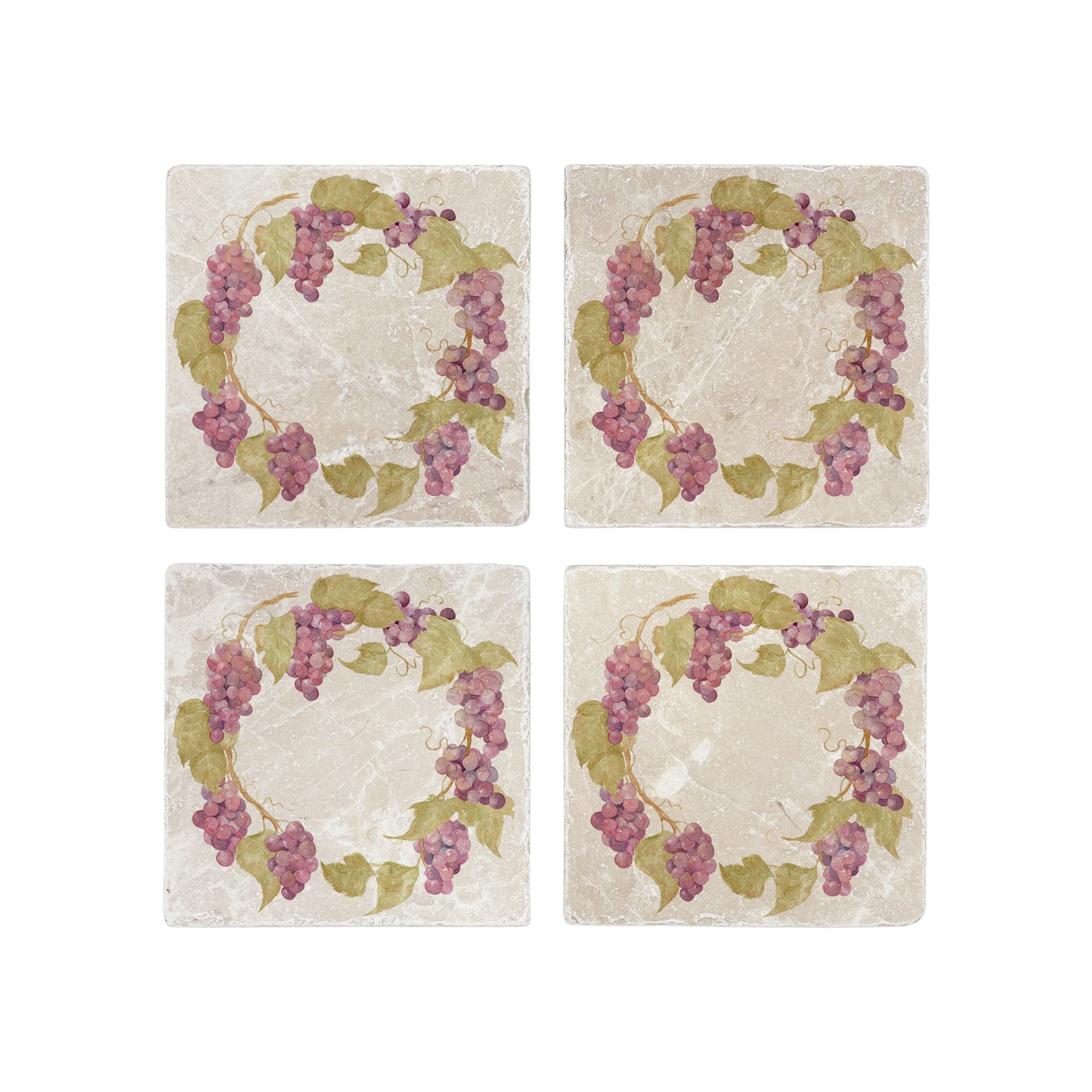 A set of 4 square marble coasters, featuring a rustic watercolour grape vine wreath.