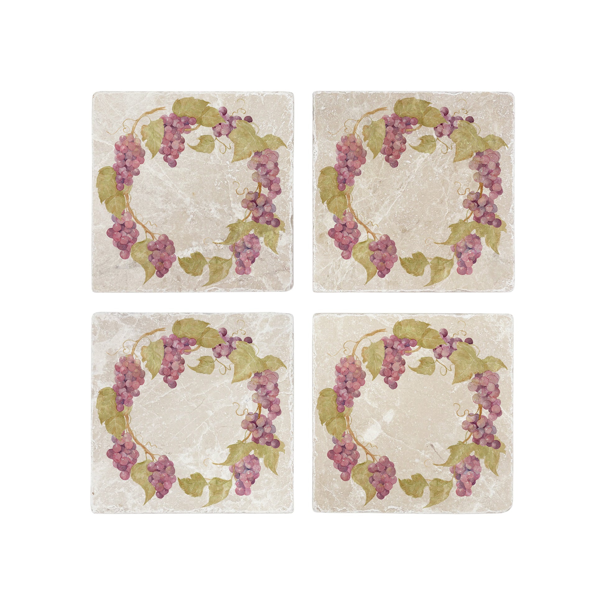 A set of 4 square marble coasters, featuring a rustic watercolour grape vine wreath.