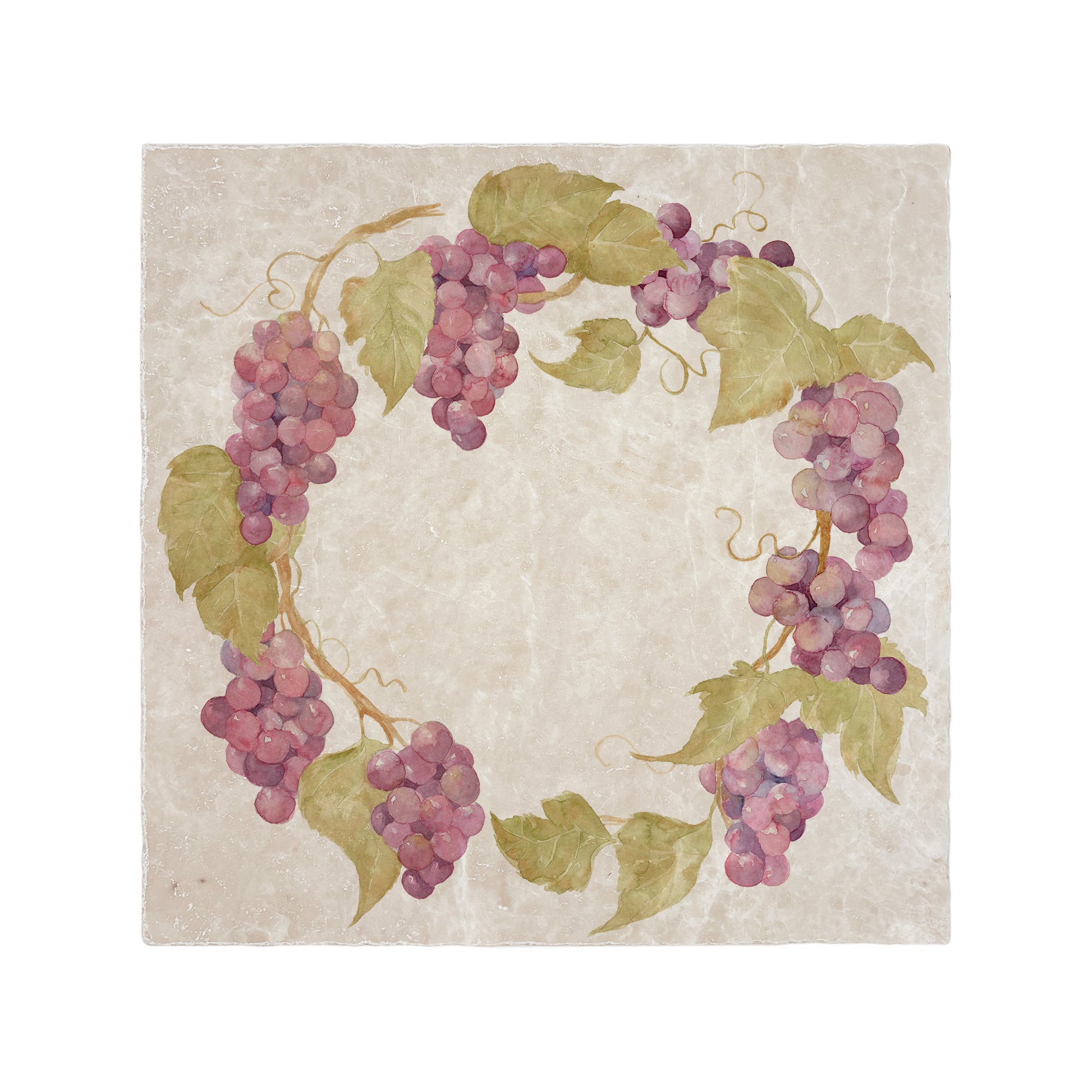 A large square handmade marble placemat, featuring a watercolour grape vine wreath design.